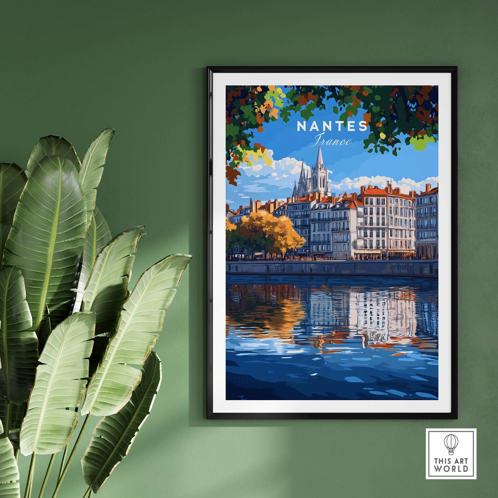 Nantes Travel Print showcasing vibrant river scenery and architecture of Nantes, France, perfect for travel lovers.