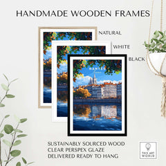 Nantes Travel Print presented in handmade wooden frames: natural, white, and black styles, showcasing vibrant river art.