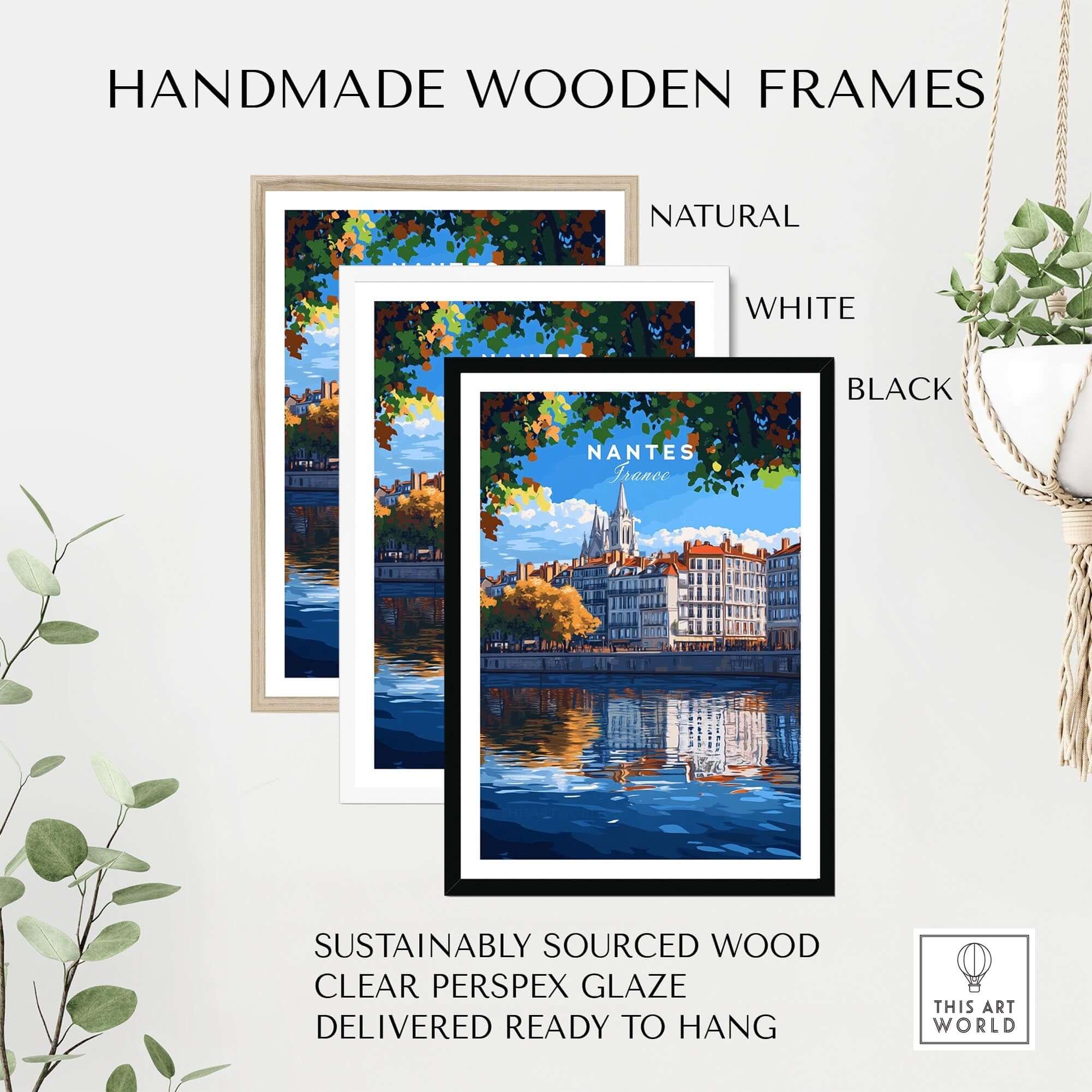 Nantes Travel Print presented in handmade wooden frames: natural, white, and black styles, showcasing vibrant river art.