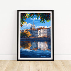 Nantes Travel Print featuring vibrant cityscape and river reflection, capturing the beauty of Nantes, France.