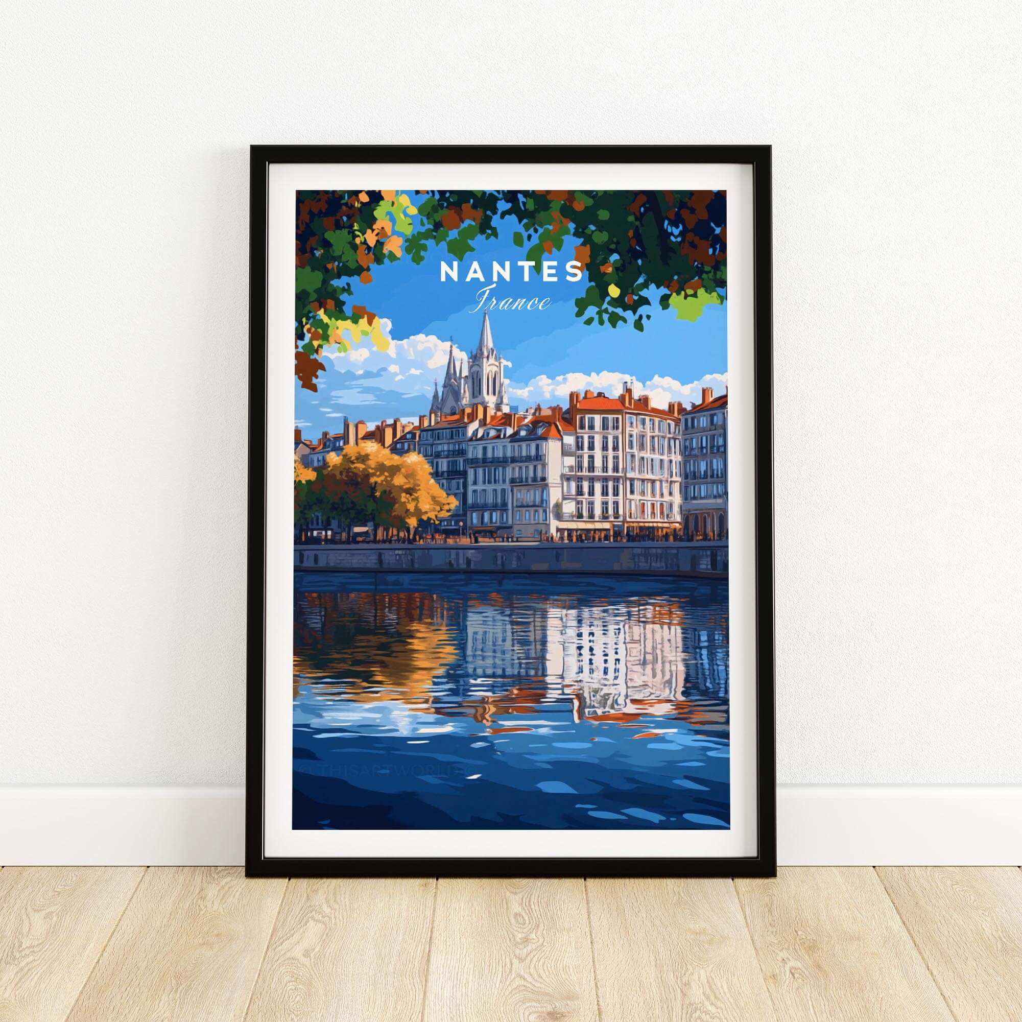Nantes Travel Print featuring vibrant cityscape and river reflection, capturing the beauty of Nantes, France.