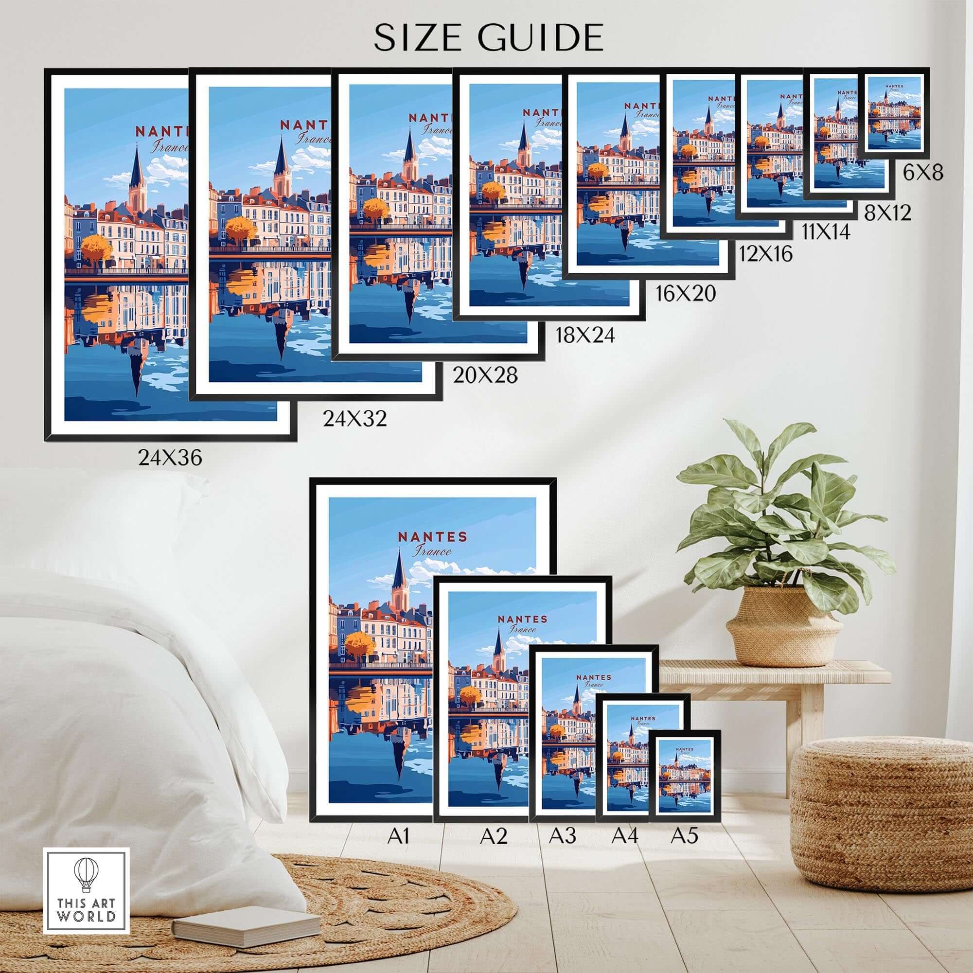 Nantes Wall Art Print size guide showcasing various frame sizes and placement options for home decor.