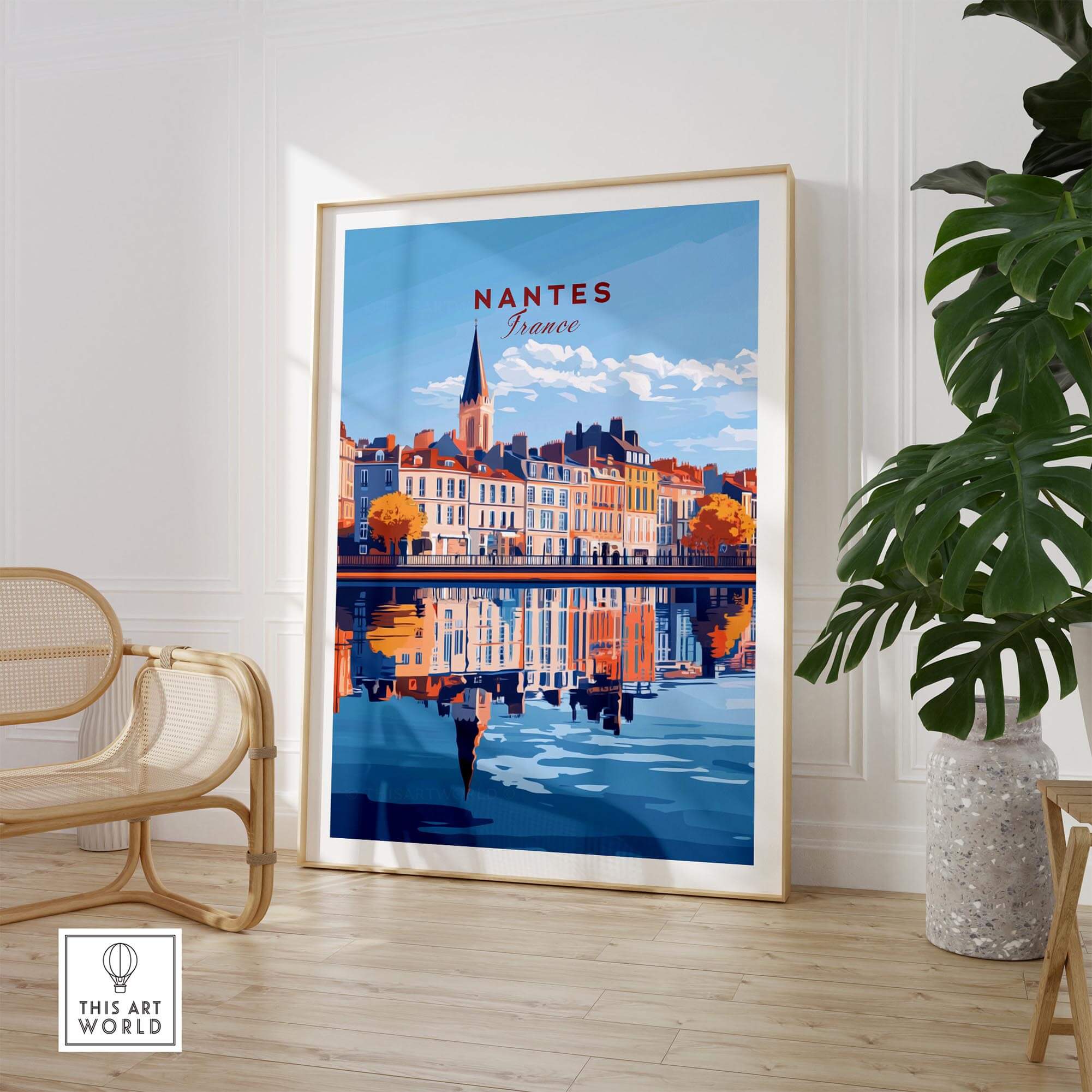 Nantes Wall Art Print featuring a vibrant illustration of Nantes, France reflecting in water, adding elegance to any space.
