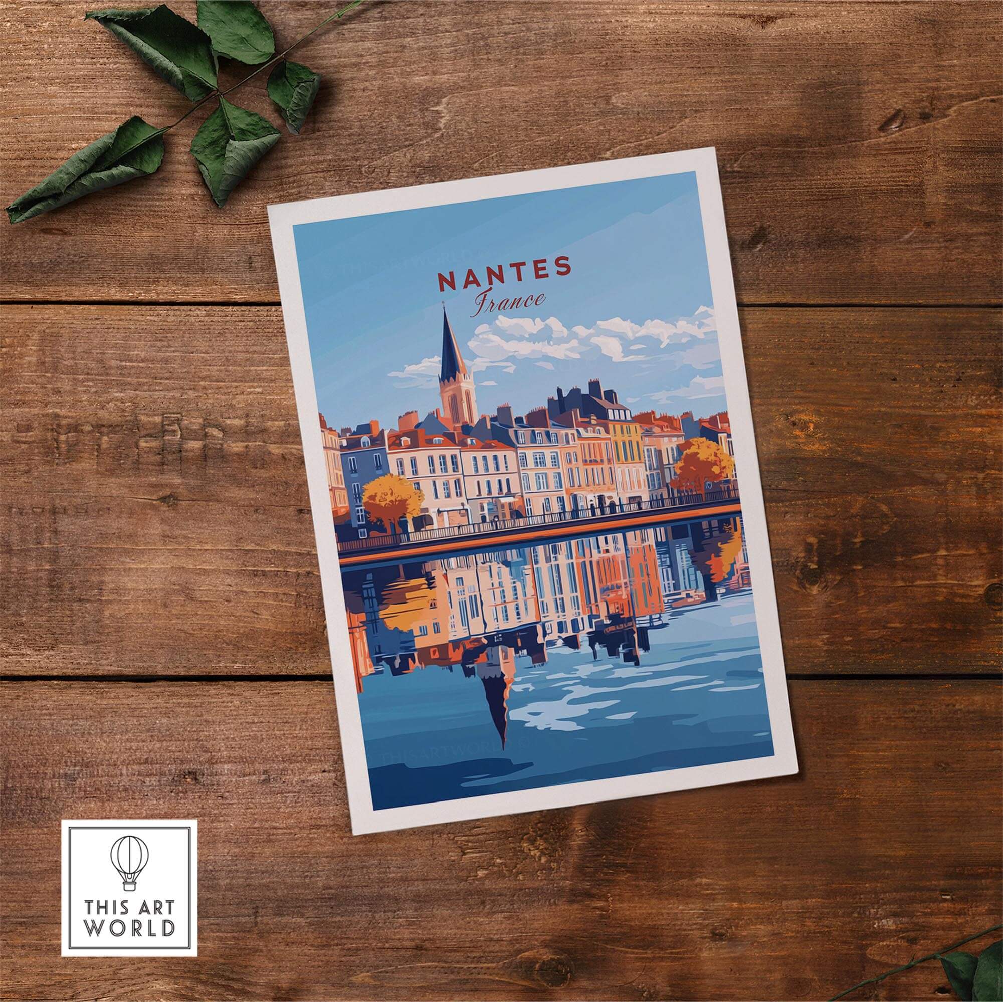 Nantes Wall Art Print showcasing a colorful view of Nantes, France with reflections on the water.