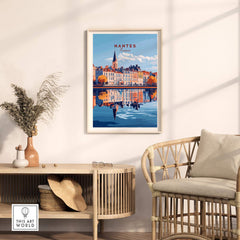 Nantes Wall Art Print featuring a picturesque view of the city reflecting in water in an elegant room setting.