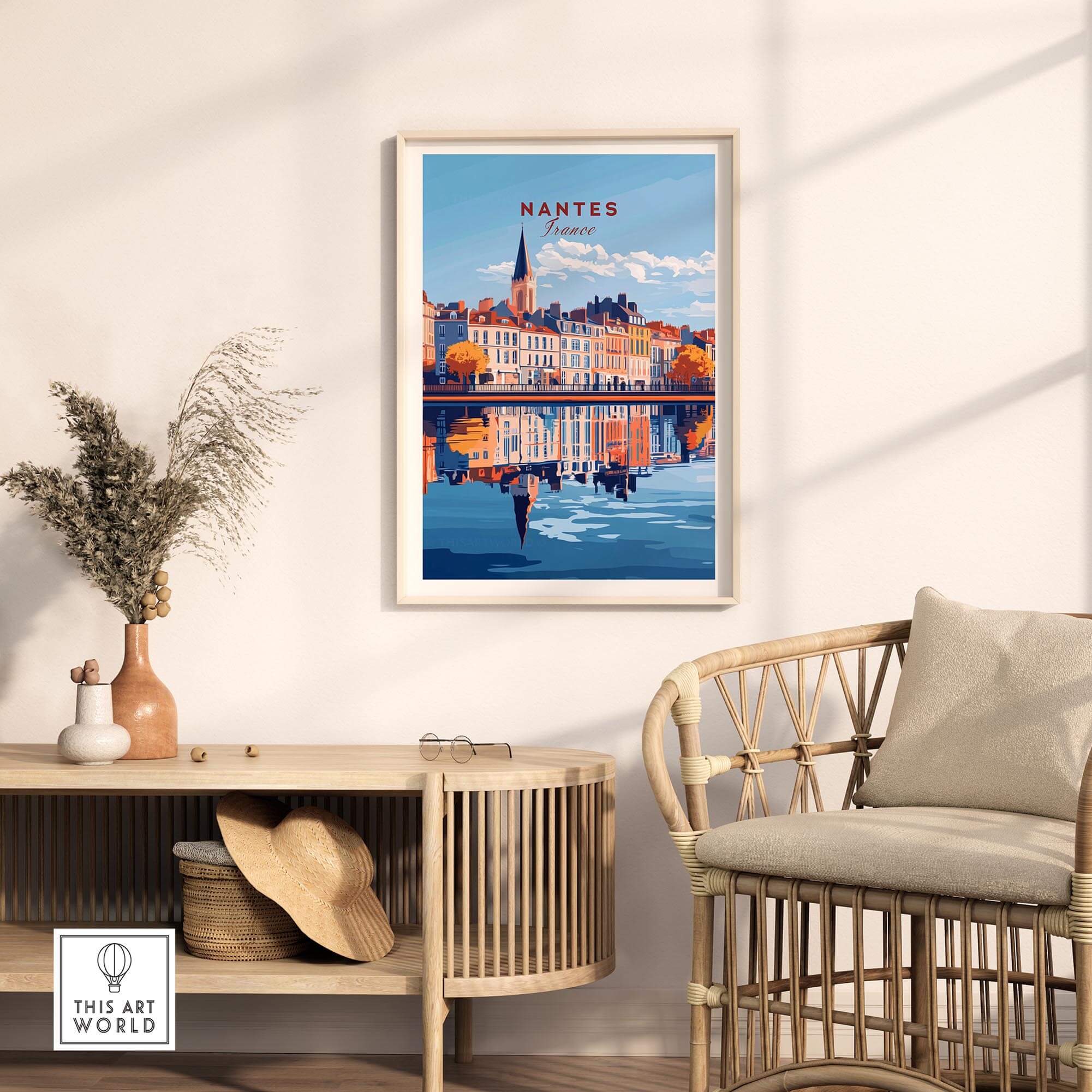 Nantes Wall Art Print featuring a picturesque view of the city reflecting in water in an elegant room setting.
