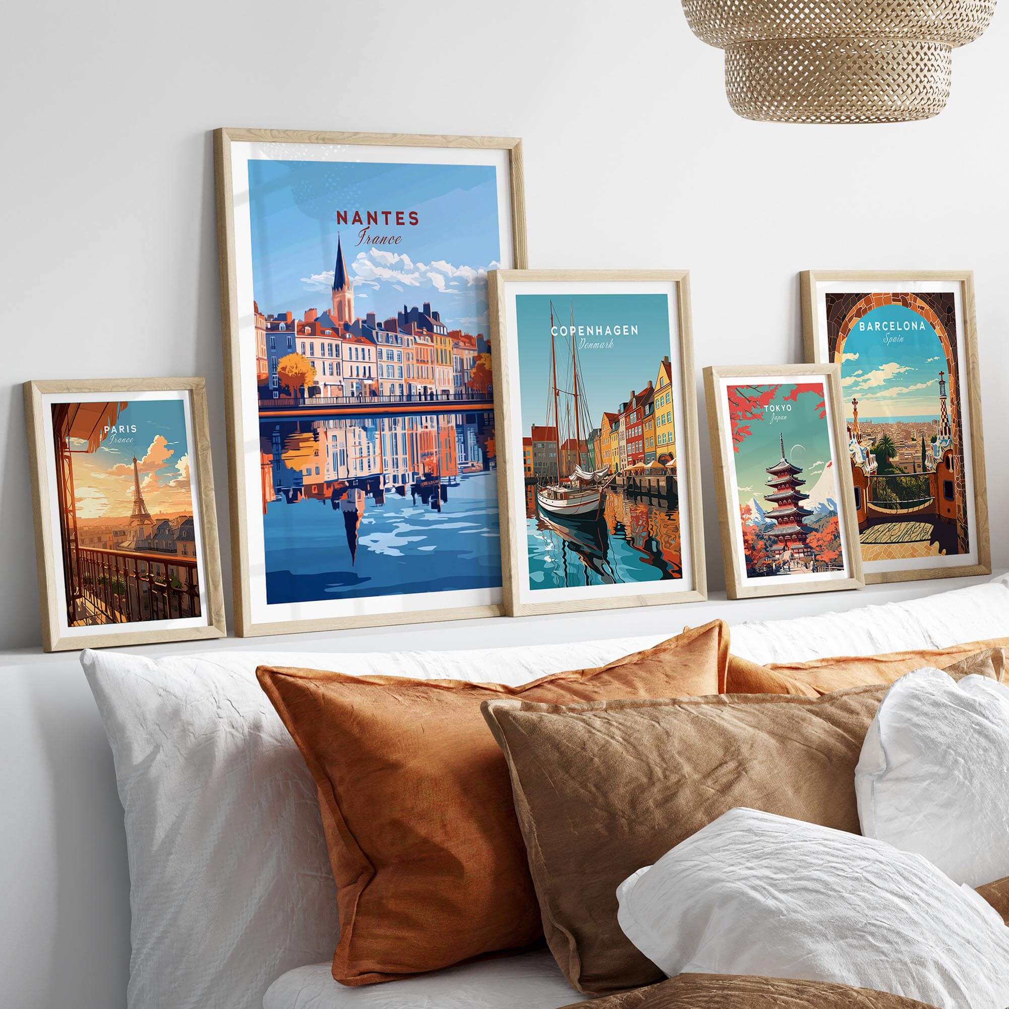 Nantes Wall Art Print displayed among other travel posters on a stylish wall, enhancing modern home decor.