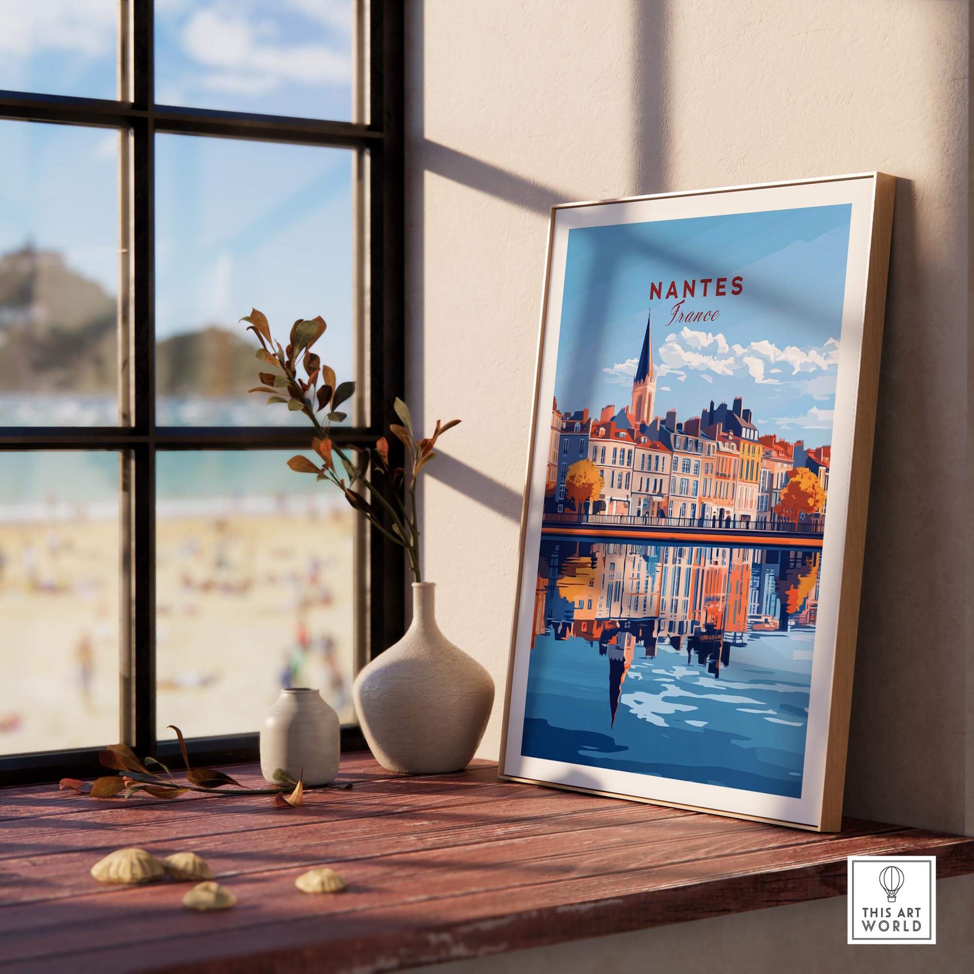 Nantes Wall Art Print displayed in a stylish room, showcasing the beauty of Nantes, France with vibrant colors.