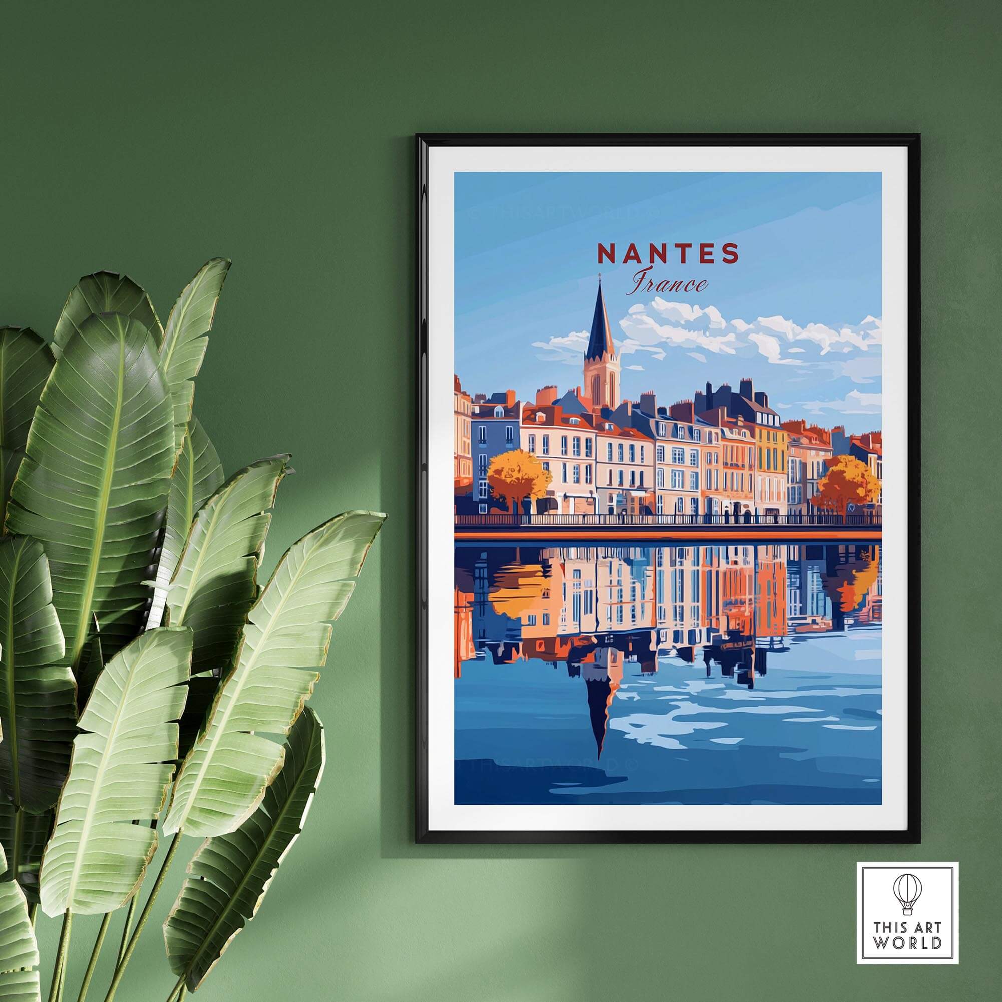 Nantes Wall Art Print featuring a stylish waterfront view of Nantes, France with vibrant colors and reflections.