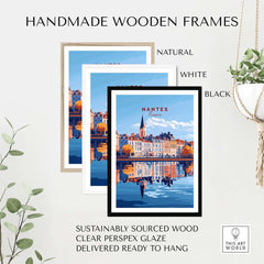 Handmade wooden frames in natural, white, and black for Nantes Wall Art Print, sustainably sourced wood, ready to hang.