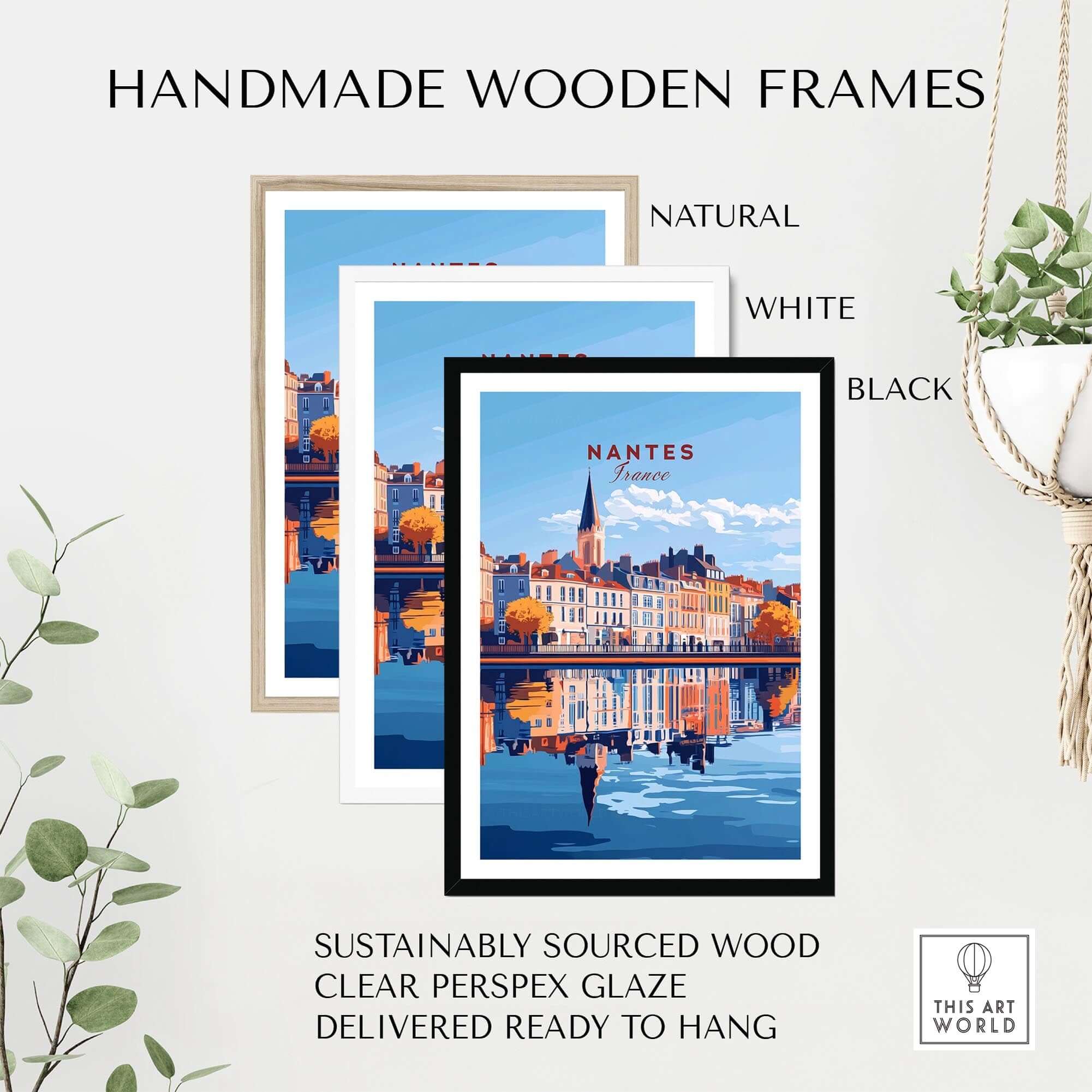 Handmade wooden frames in natural, white, and black for Nantes Wall Art Print, sustainably sourced wood, ready to hang.