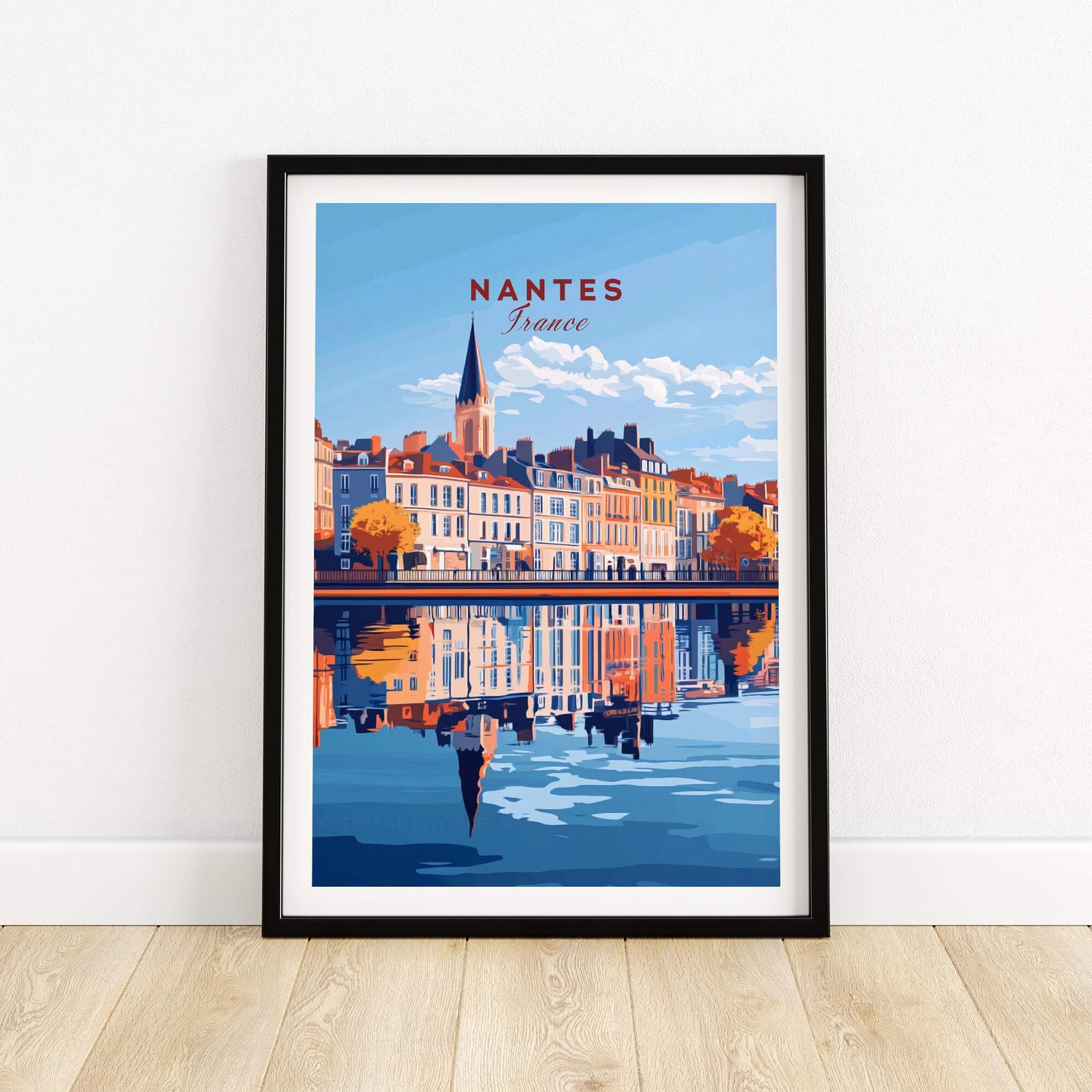 Nantes Wall Art Print featuring vibrant colors and detailed design of Nantes, France with reflection on water.