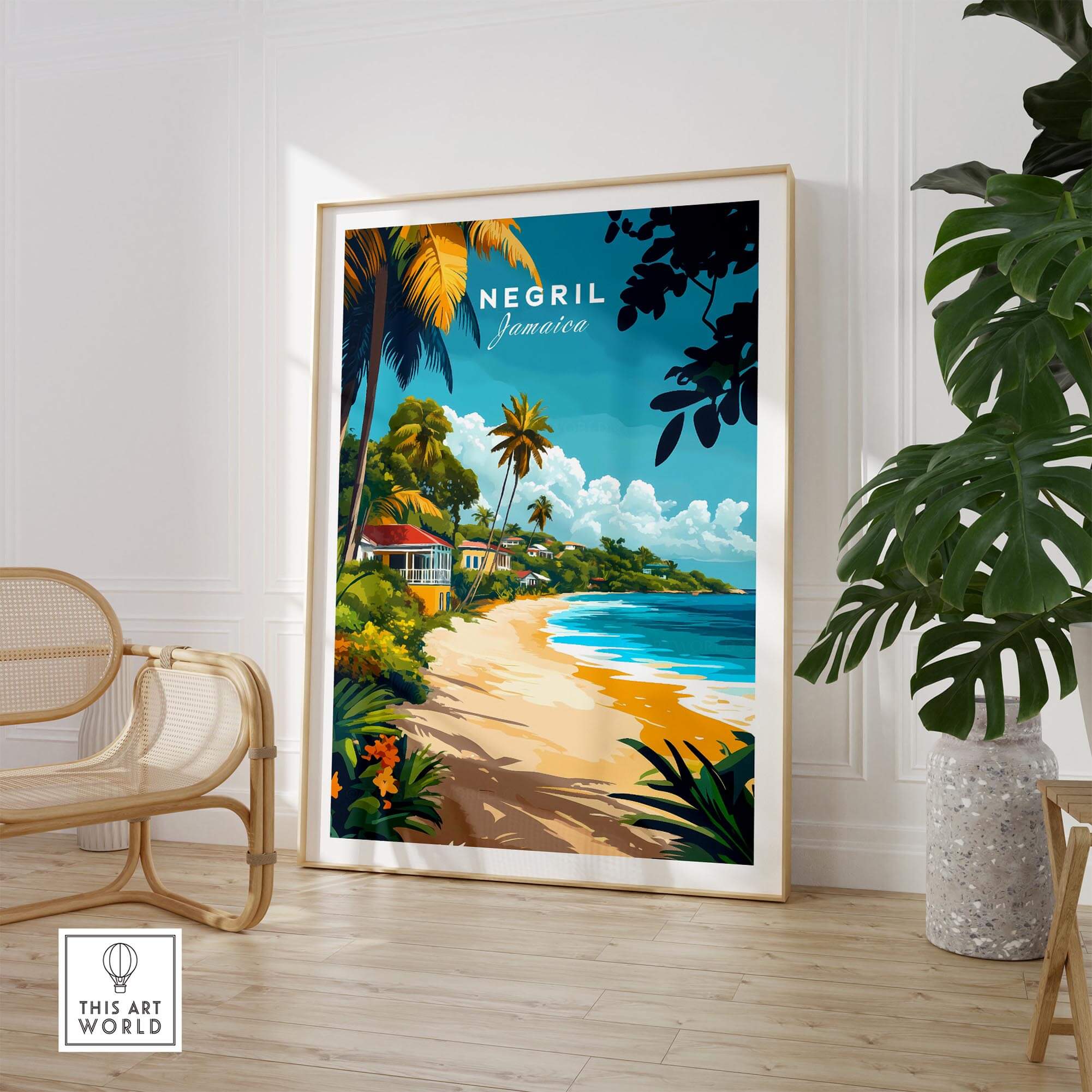 Negril Travel Print featuring a tropical beach scene in Jamaica, showcasing palm trees and vibrant colors.