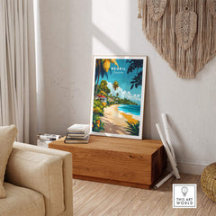 Negril Travel Print showcasing Jamaica's sunny beaches and tropical scenery in a cozy living room setting.