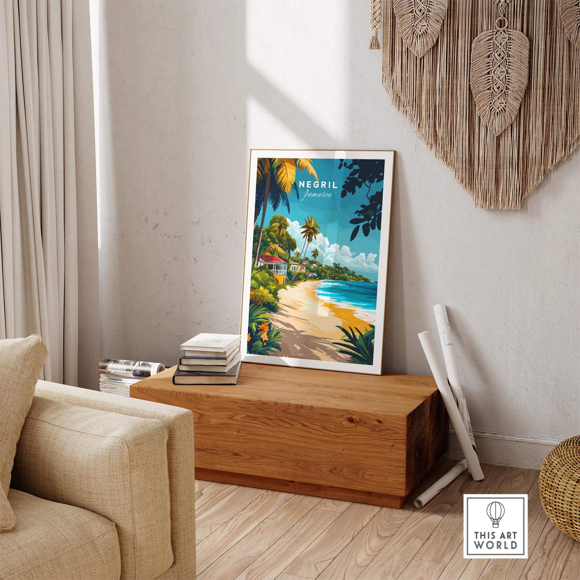 Negril Travel Print showcasing Jamaica's sunny beaches and tropical scenery in a cozy living room setting.