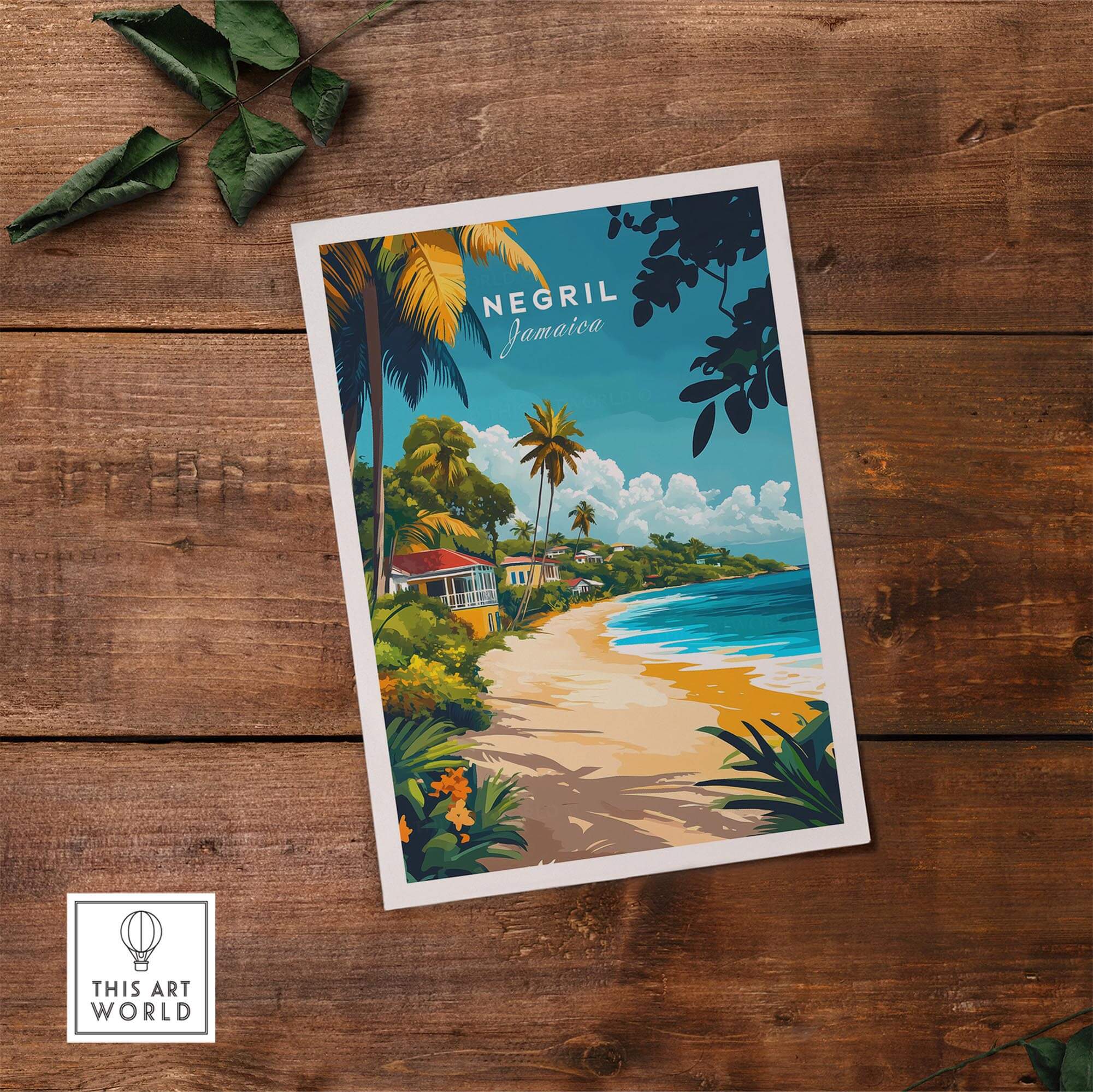 Negril Travel Print showcasing a beautiful beach scene in Jamaica with palm trees and vibrant colors.