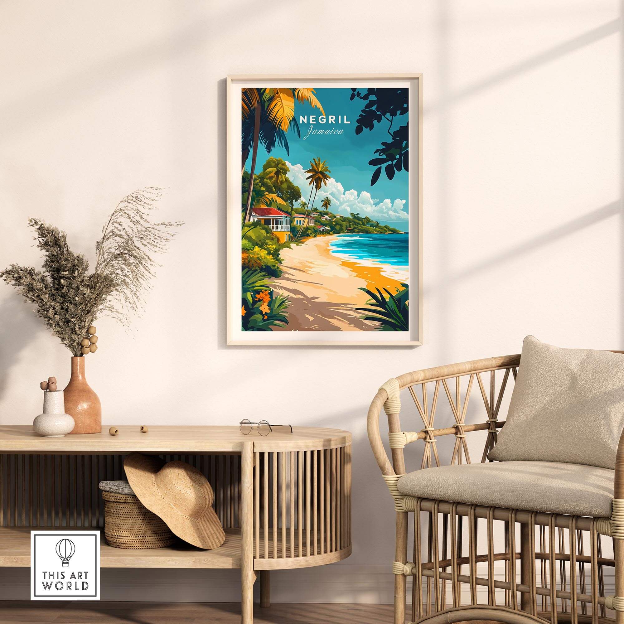 Negril Travel Print showcasing a vibrant beach scene, perfect for adding tropical decor to your home.