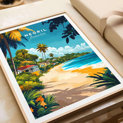 Negril Travel Print showcasing a vibrant beach scene of Jamaica with palm trees and bright colors.