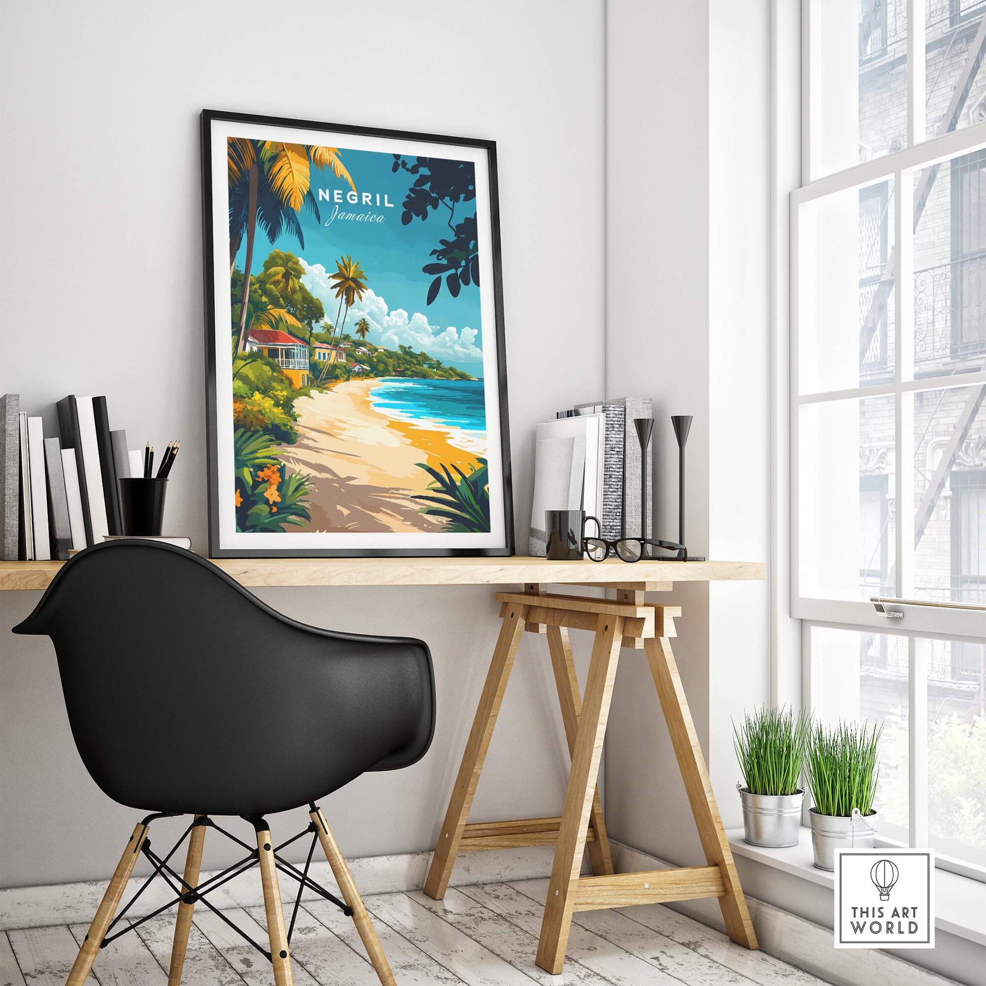 Negril Travel Print featuring vibrant tropical beach scenery in a stylish home office setting.