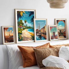Negril Travel Print showcased among other vibrant city travel prints in a home decor setting.