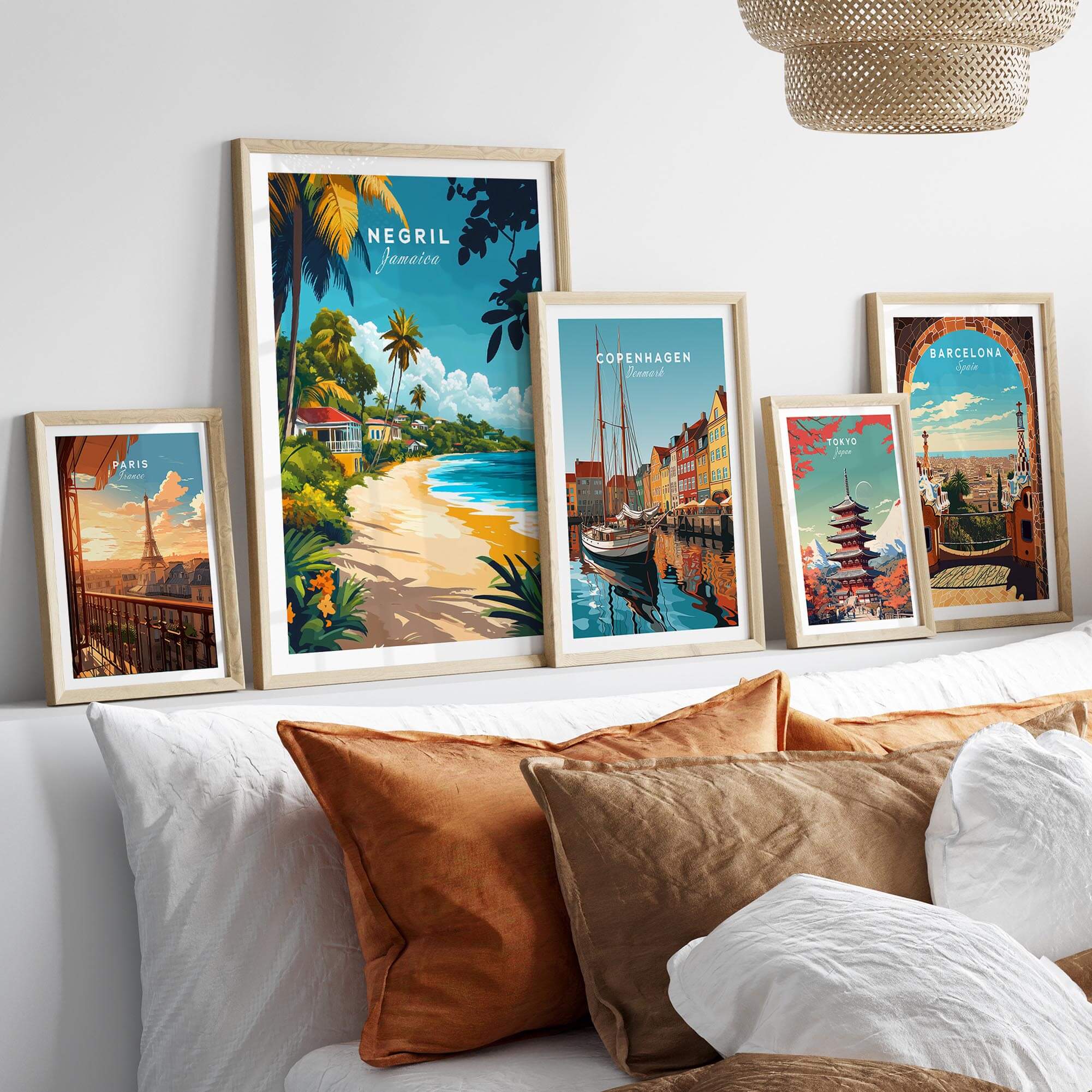 Negril Travel Print showcased among other vibrant city travel prints in a home decor setting.