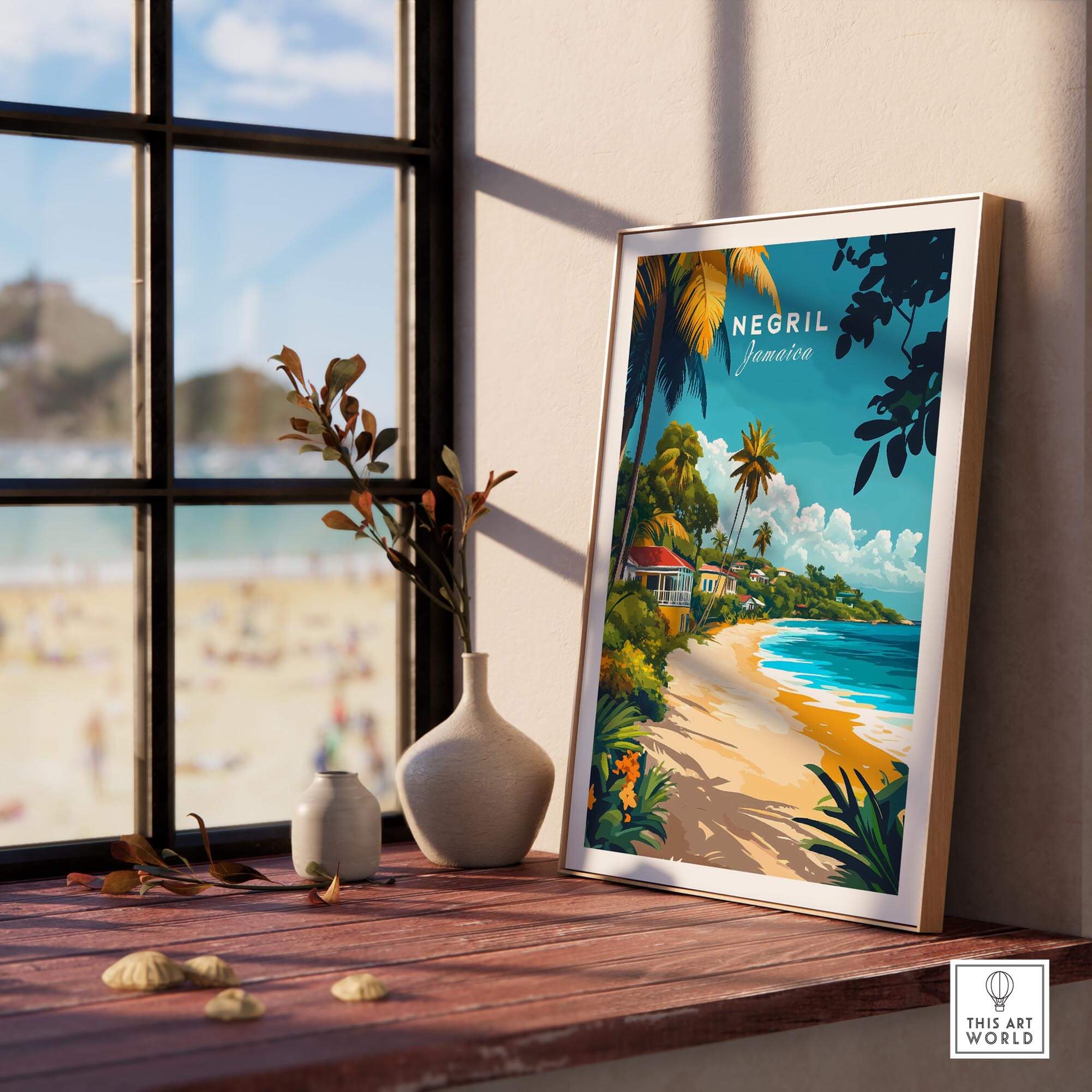 Negril Travel Print showcasing the tropical beach scenery of Jamaica with palm trees and vibrant colors.