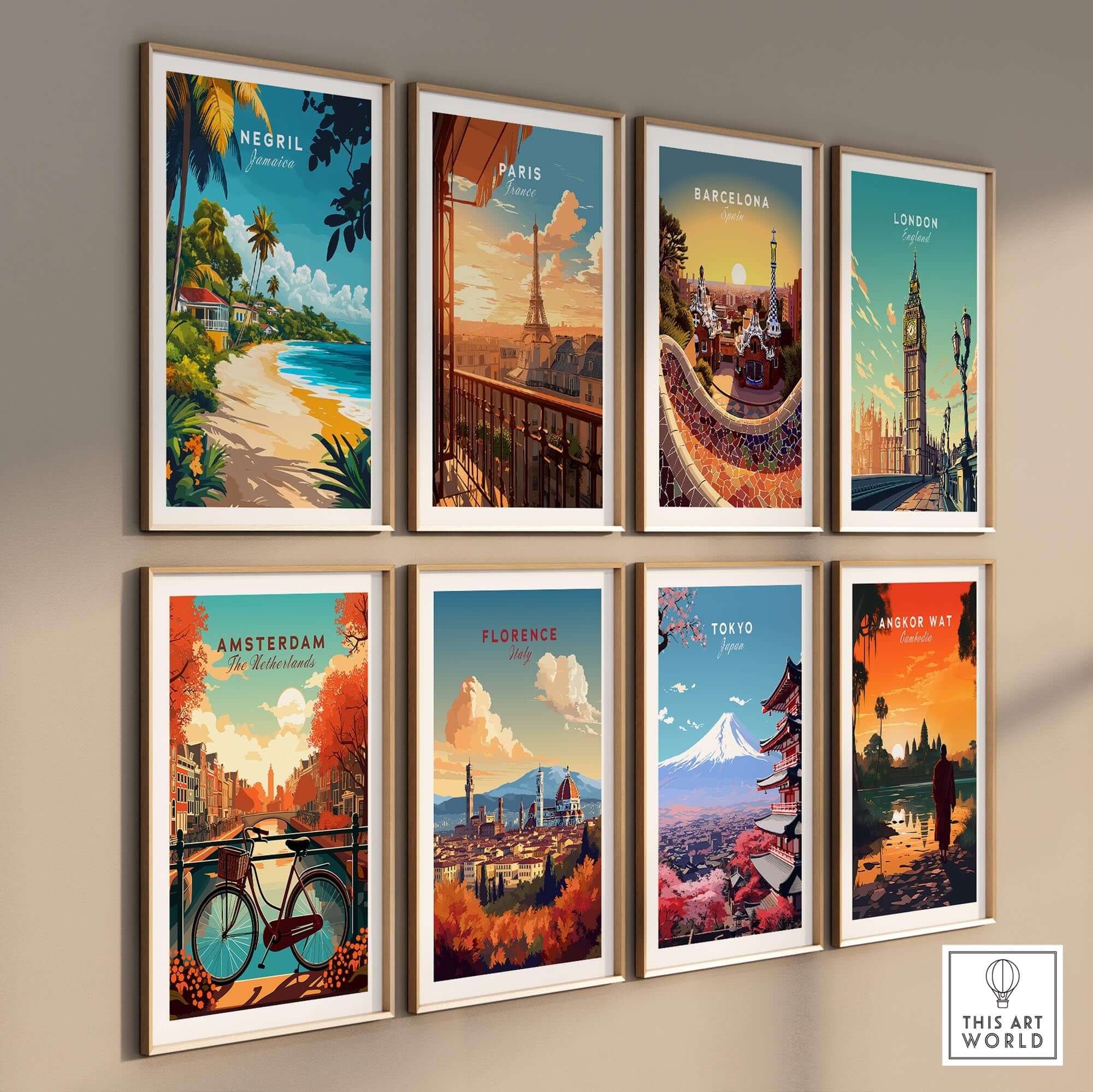 Negril Travel Print and various city posters displayed in a stylish gallery wall setup.