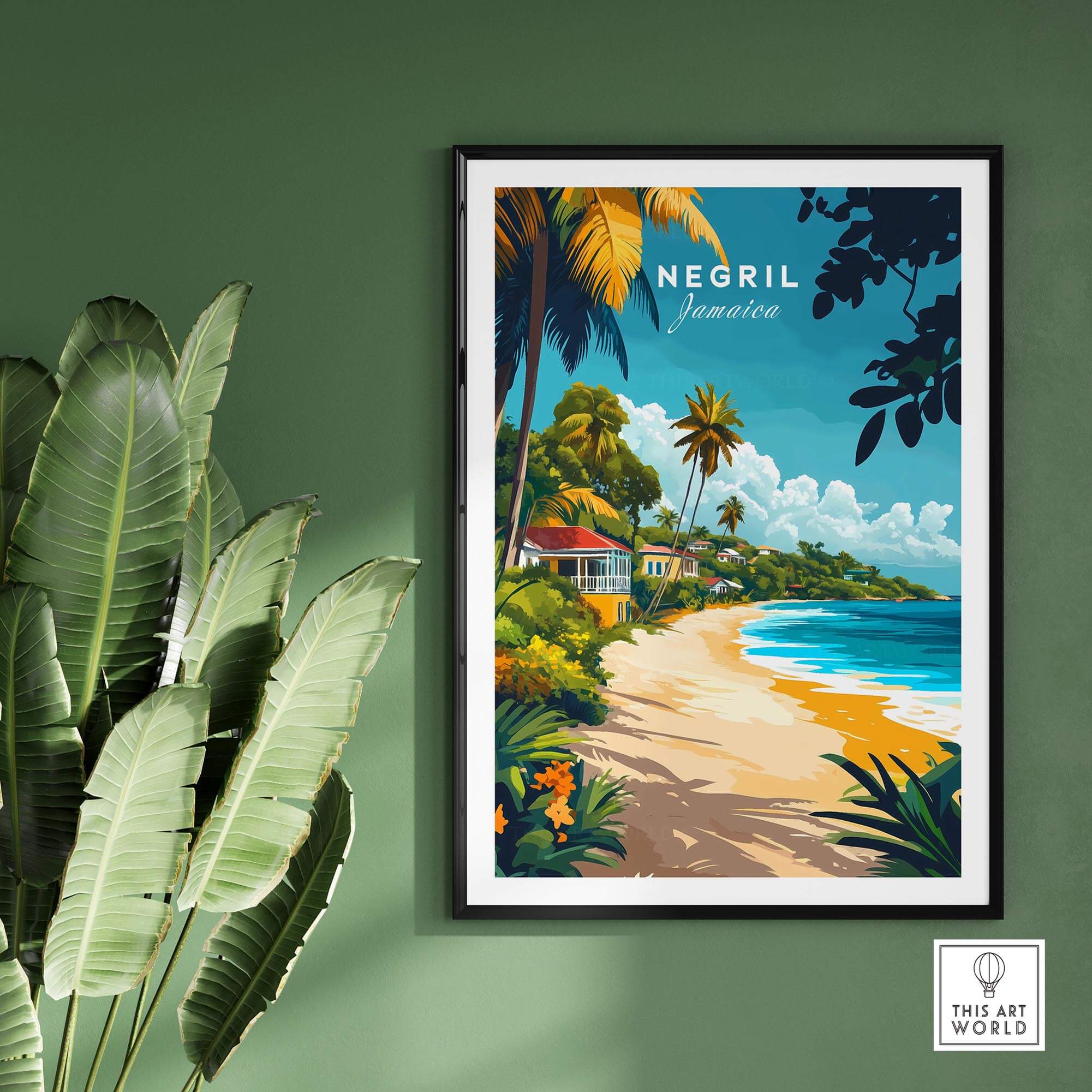 Negril Travel Print showcasing a vibrant Jamaican beach scene with palm trees and colorful houses.