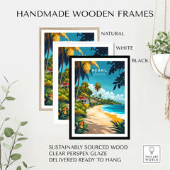 Negril Travel Print framed in three styles: natural, white, and black handmade wooden frames.