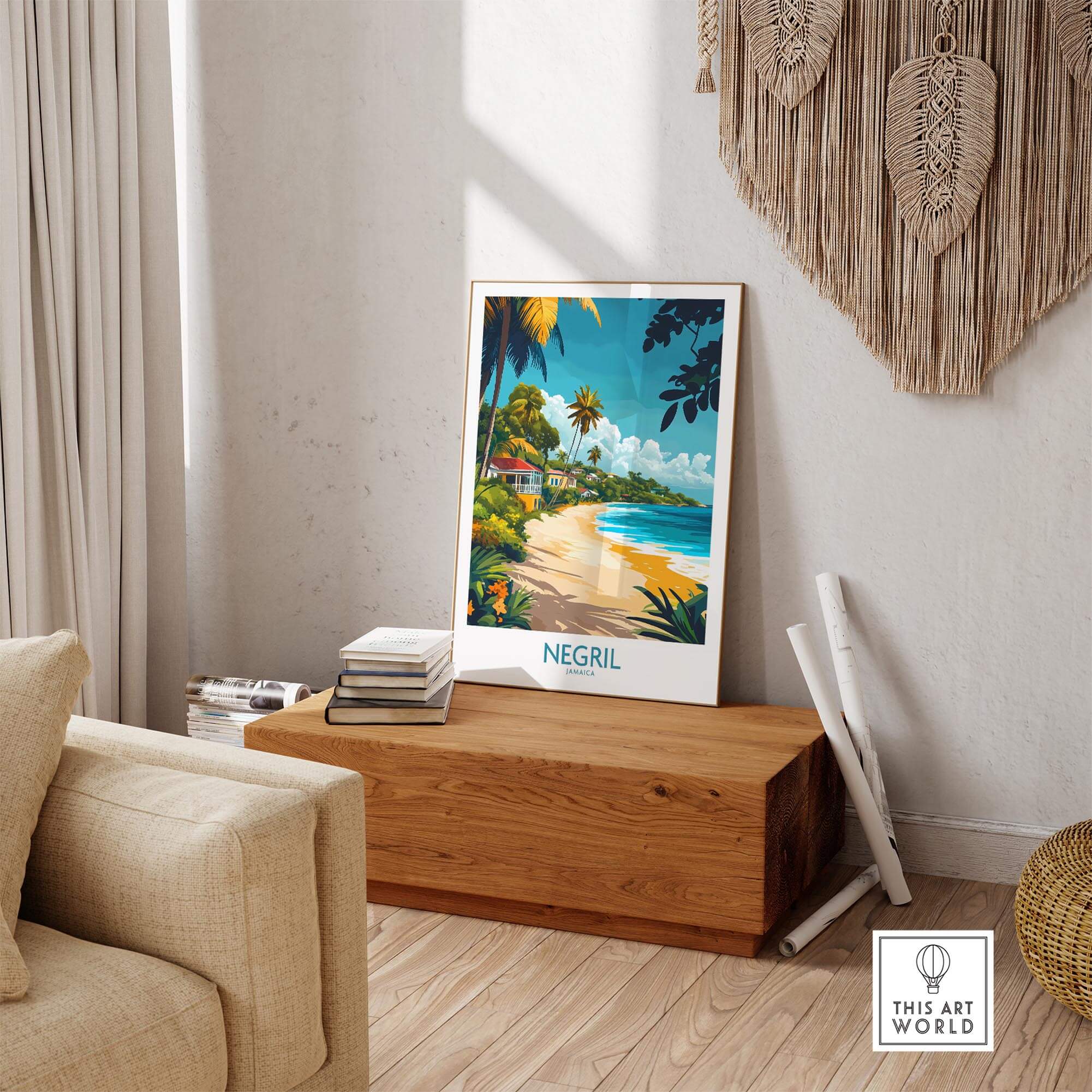 Negril Wall Art Poster displayed in a cozy living room, featuring vibrant tropical scenery and a gold frame.