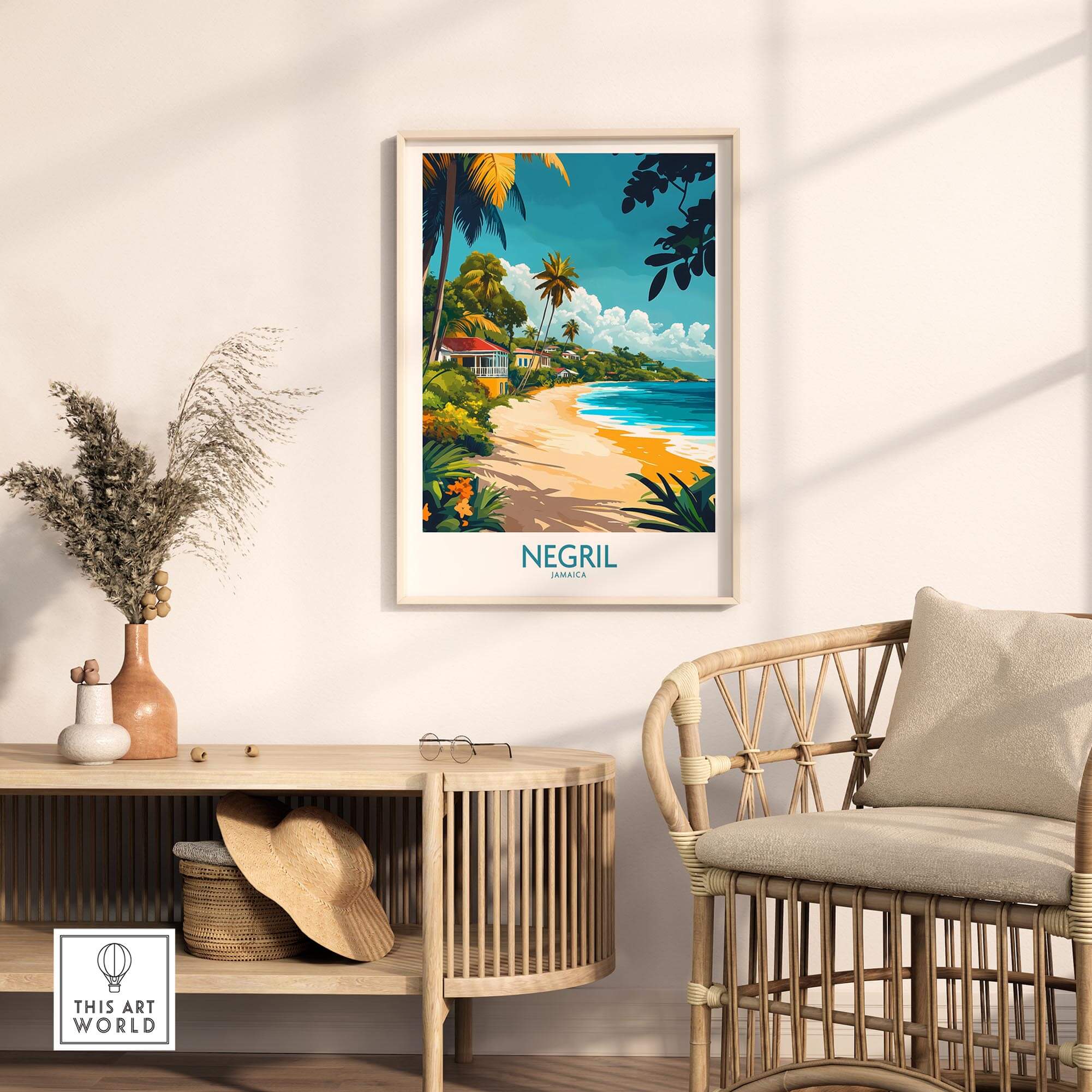 Negril Wall Art Poster featuring a vibrant beach scene, perfect for home decor inspiration.
