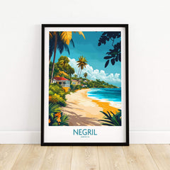 Negril Wall Art Poster featuring a vibrant beach scene of Negril, Jamaica with tropical palms and clear blue water.
