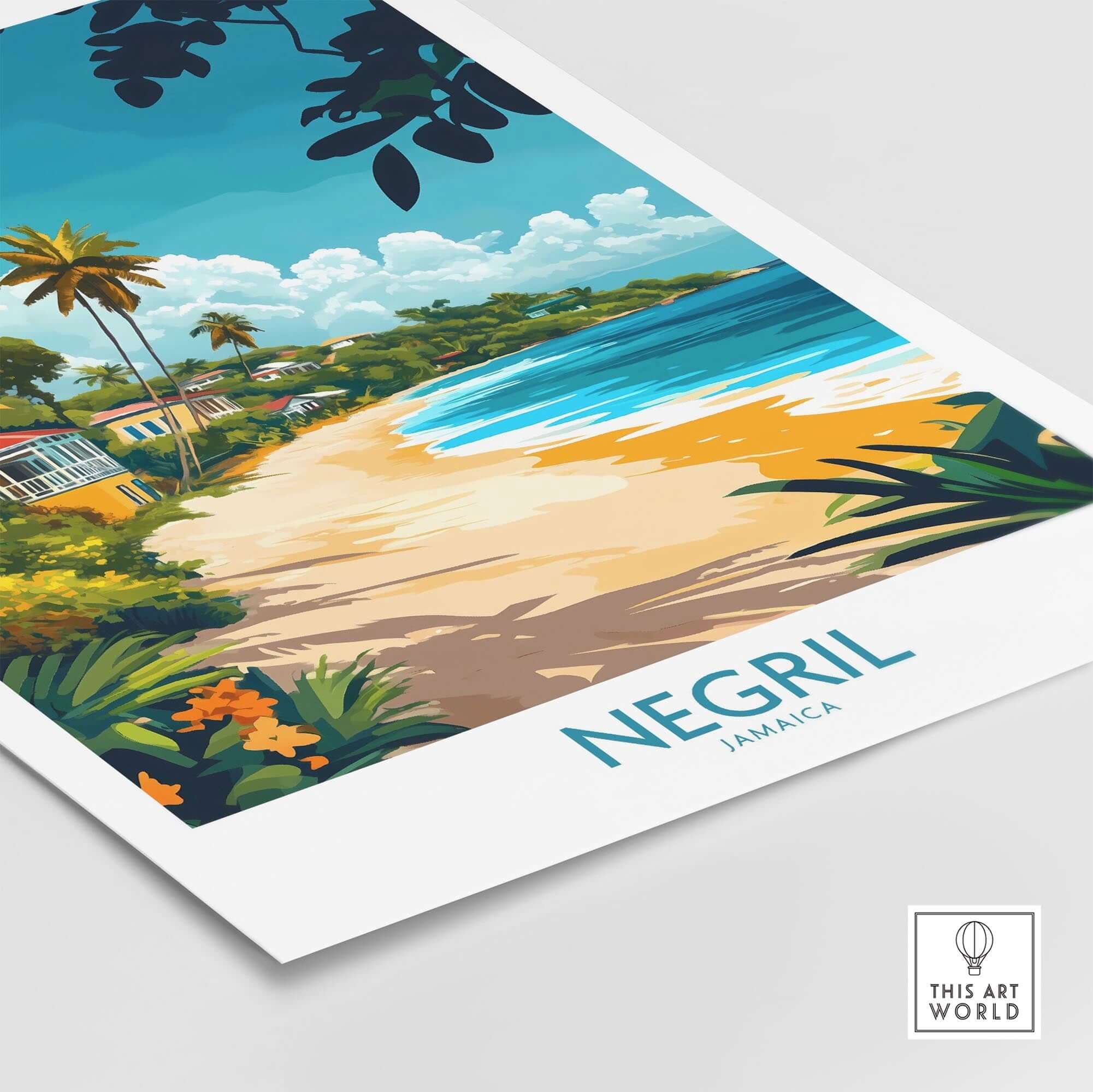 Negril Wall Art Poster featuring a colorful beach scene in Jamaica with palm trees and vibrant flowers.