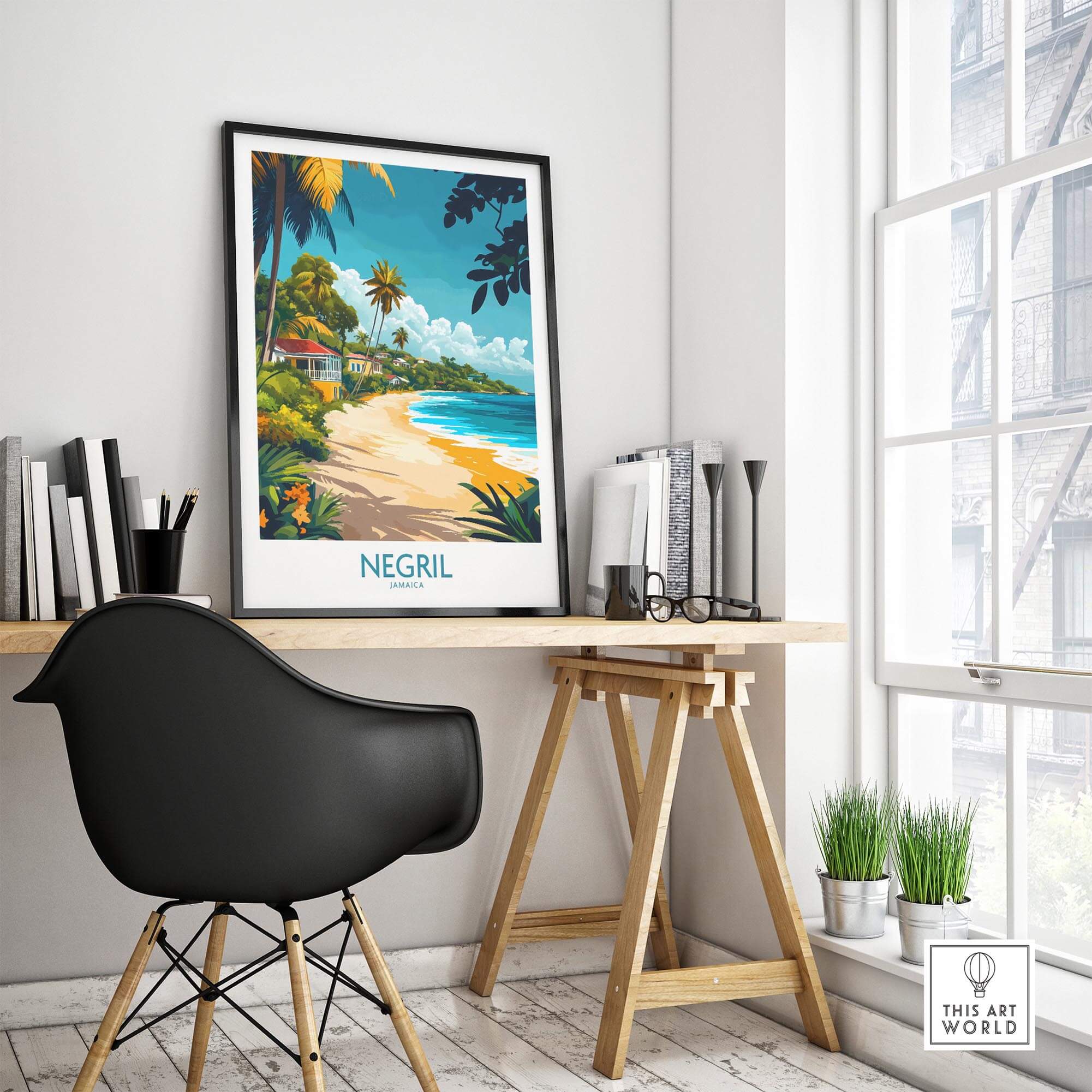Negril Wall Art Poster displayed in a stylish room, showcasing a vibrant beach scene with palm trees and blue waters.