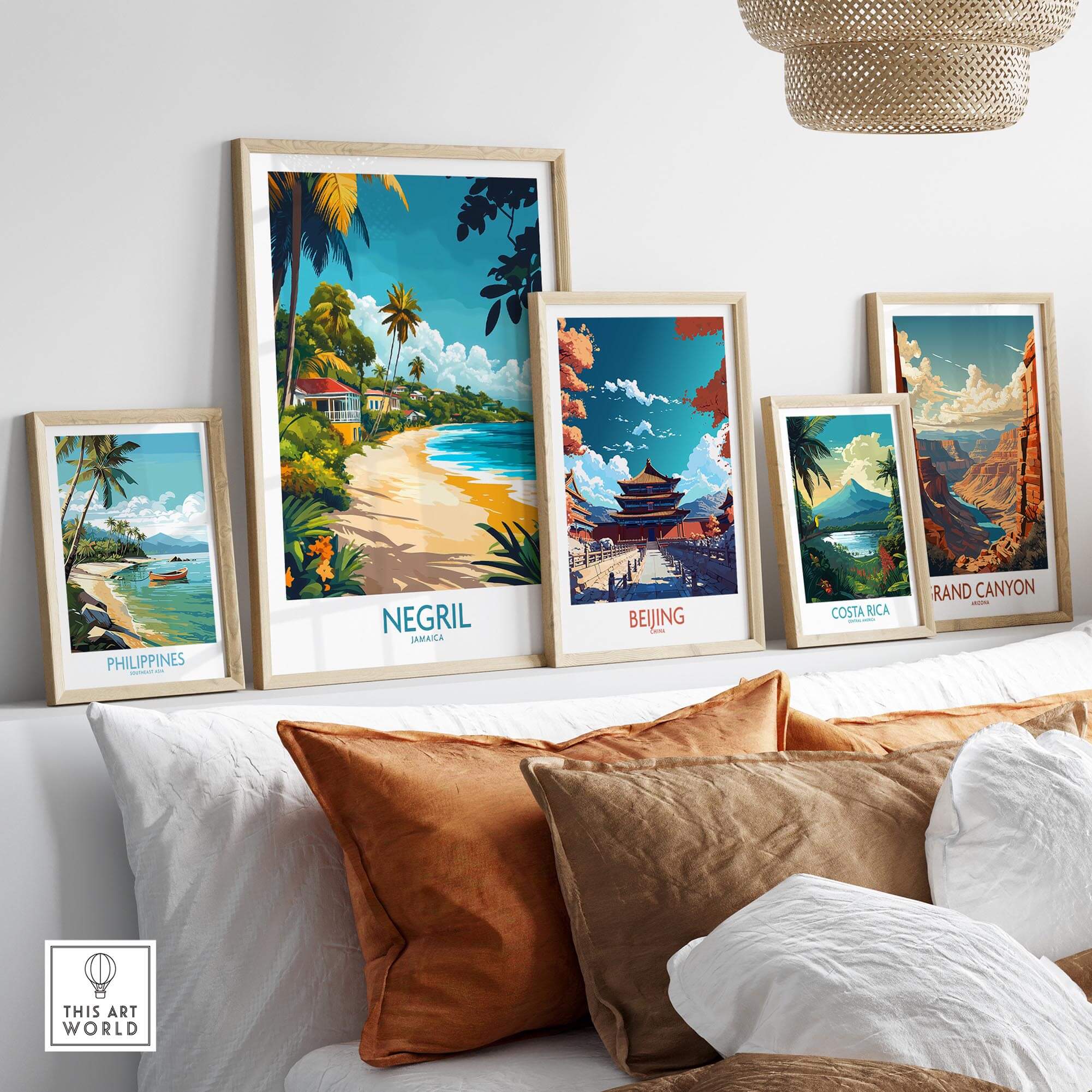 Negril Wall Art Poster showcased among other travel prints in a stylish home decor setting.