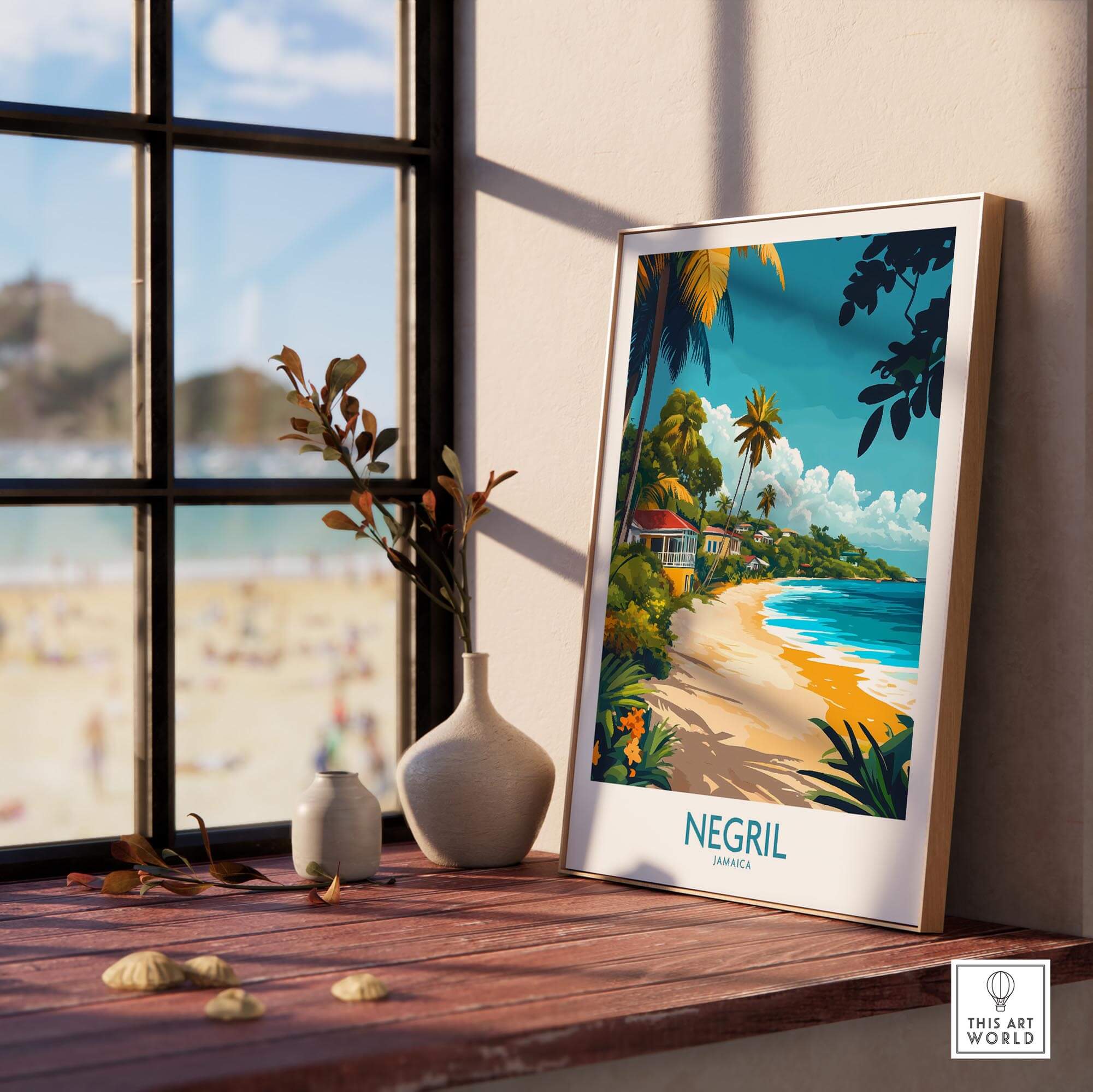 Negril Wall Art Poster displayed in a bright room with a beach view, showcasing vibrant colors and tropical elements.