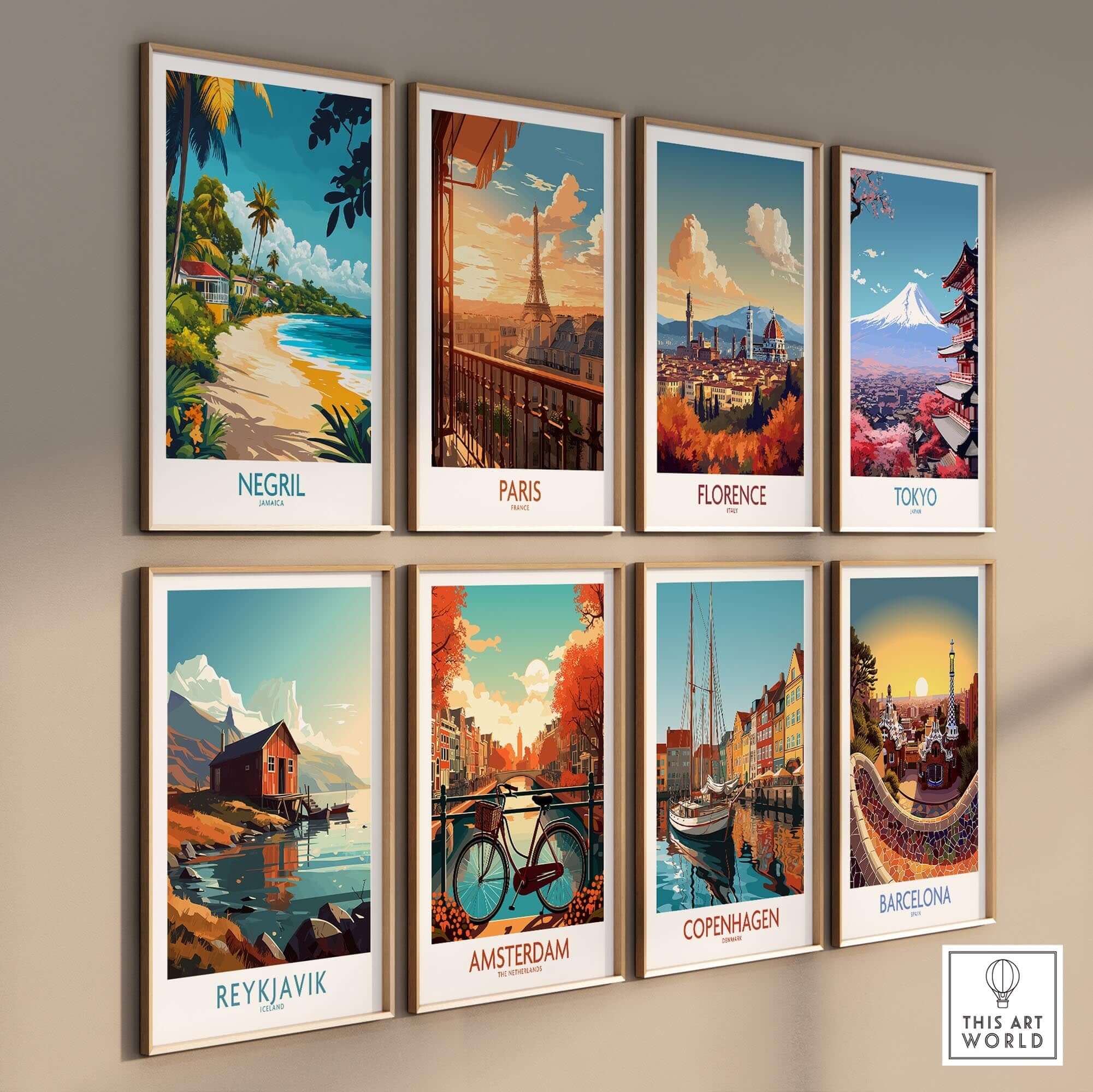 Negril Wall Art Poster featuring vibrant designs of famous travel destinations including Negril, Paris, and Tokyo.