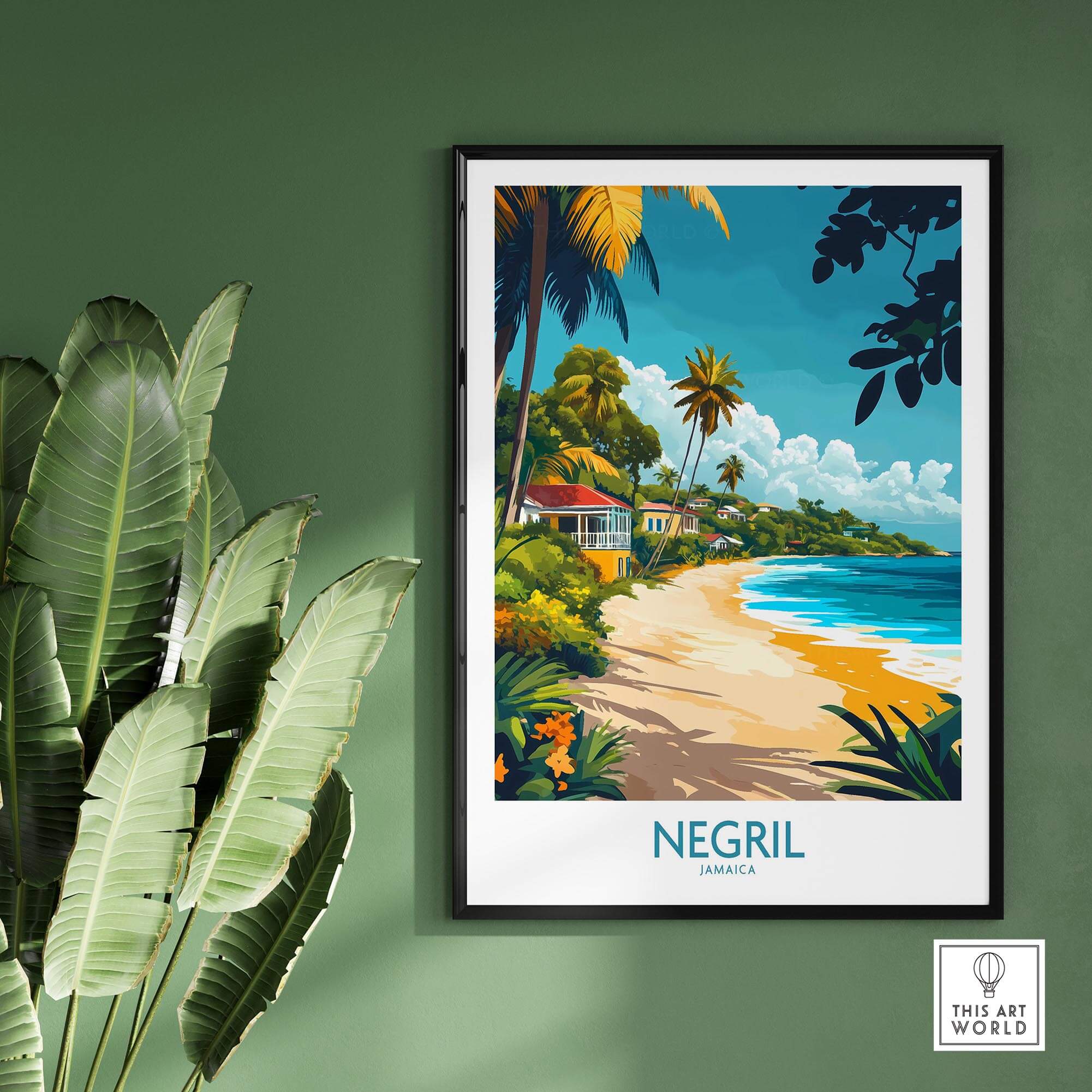 Negril Wall Art Poster featuring a vibrant beach scene with palm trees and colorful houses.