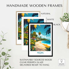 Negril Wall Art Poster in handmade wooden frames, featuring natural, white, and black options for decor.