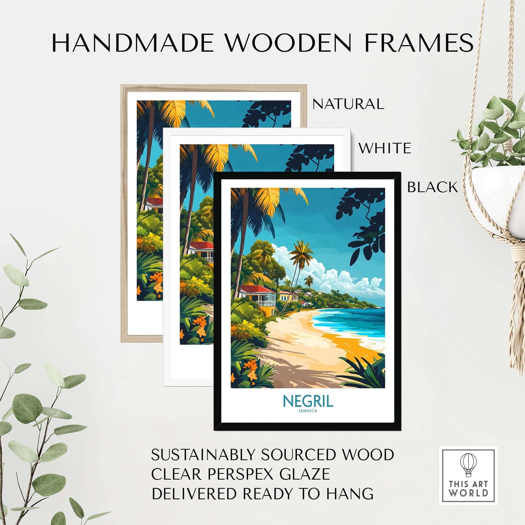 Negril Wall Art Poster in handmade wooden frames, featuring natural, white, and black options for decor.