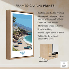 Nerja Spain Canvas Print | Spanish Seaside Poster framed print showcasing a coastal landscape with cliffs and beaches.