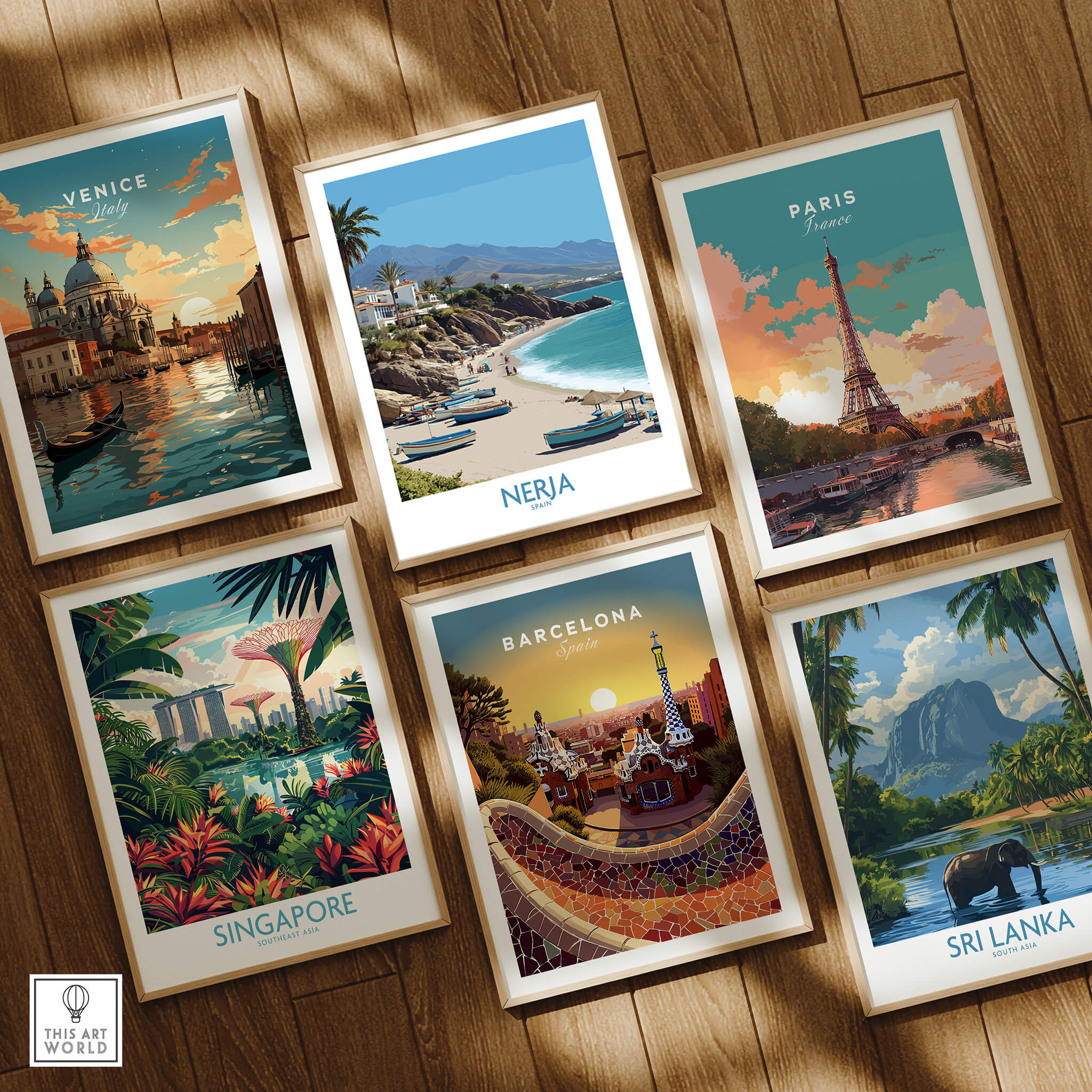 Nerja Spain Canvas Print | Spanish Seaside Poster among various travel posters including Venice, Paris, Singapore, Barcelona, and Sri Lanka.