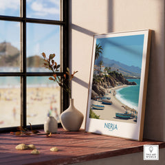 Nerja Spain Canvas Print | Spanish Seaside Poster displayed near a window with a beach view.