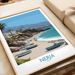 Nerja Spain Canvas Print | Spanish Seaside Poster showcasing a stunning beach scene with boats and cliffs.
