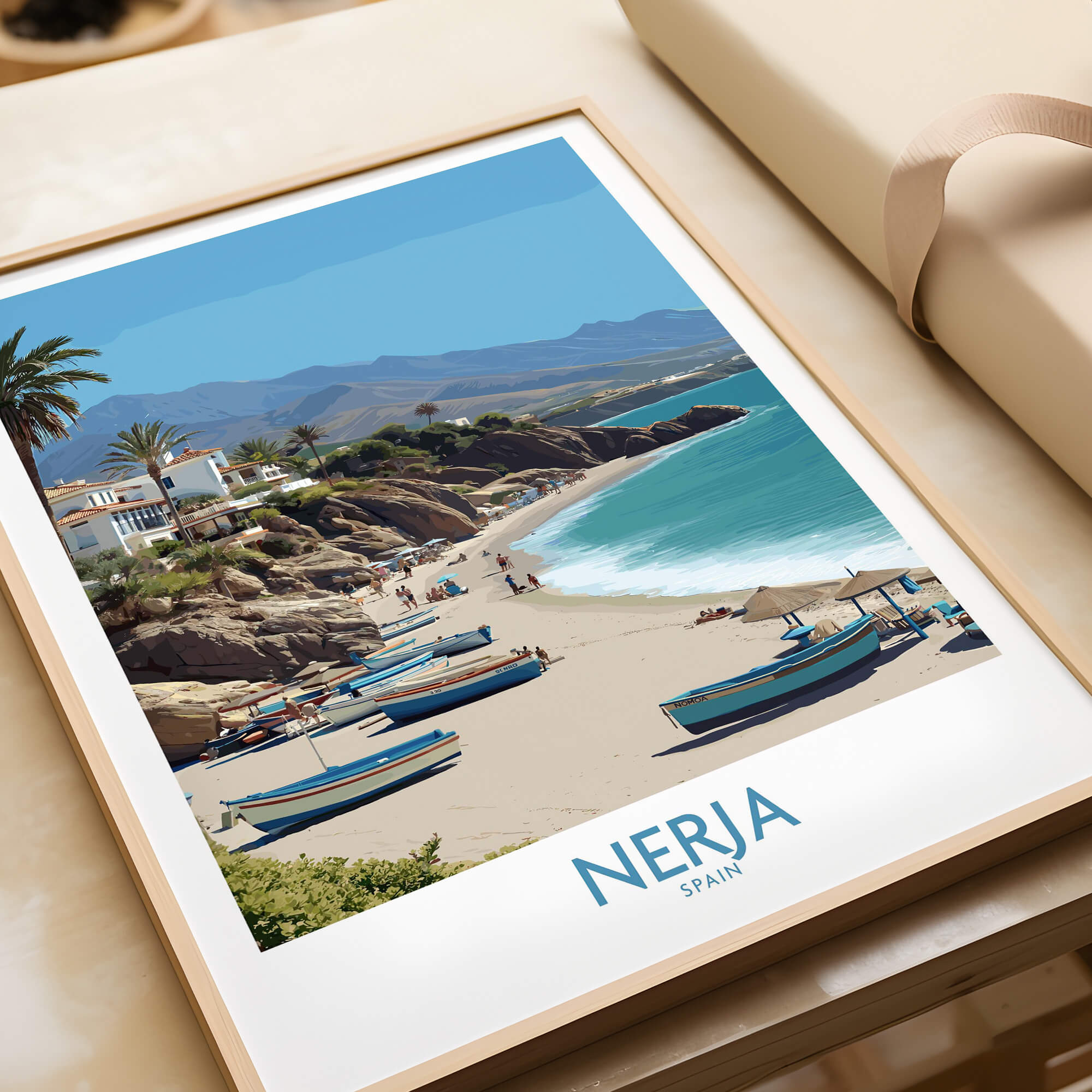 Nerja Spain Canvas Print | Spanish Seaside Poster showcasing a stunning beach scene with boats and cliffs.