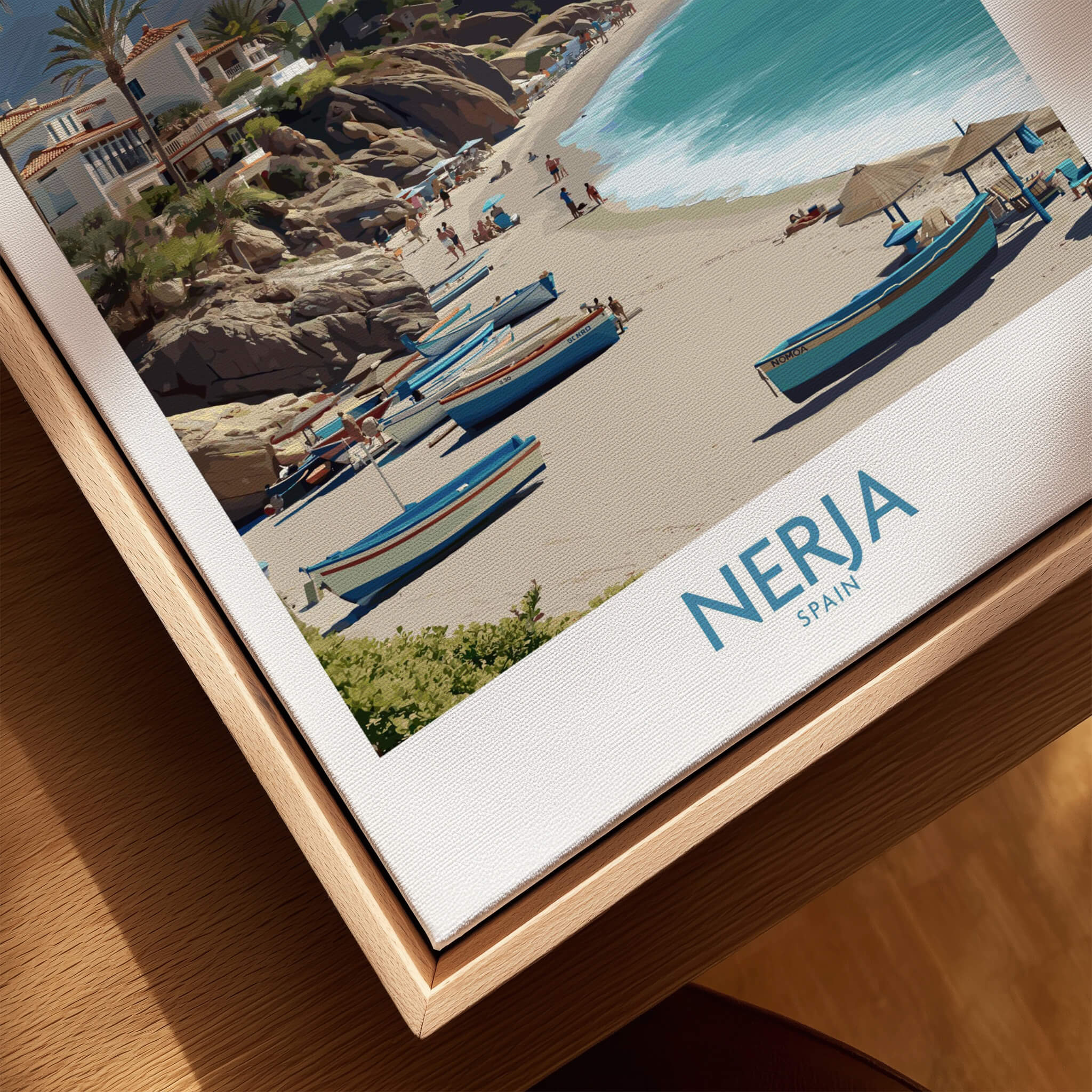 Nerja Spain Canvas Print | Spanish Seaside Poster featuring boats on a beach in Nerja, Spain.