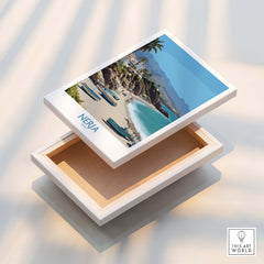 Nerja Spain Canvas Print | Spanish Seaside Poster displayed on a decorative box showcasing stunning coastal views.