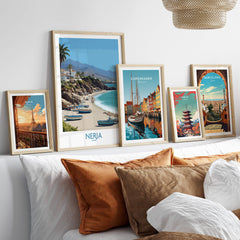 Nerja Spain Canvas Print | Spanish Seaside Poster displayed among other city prints, enhancing home decor.
