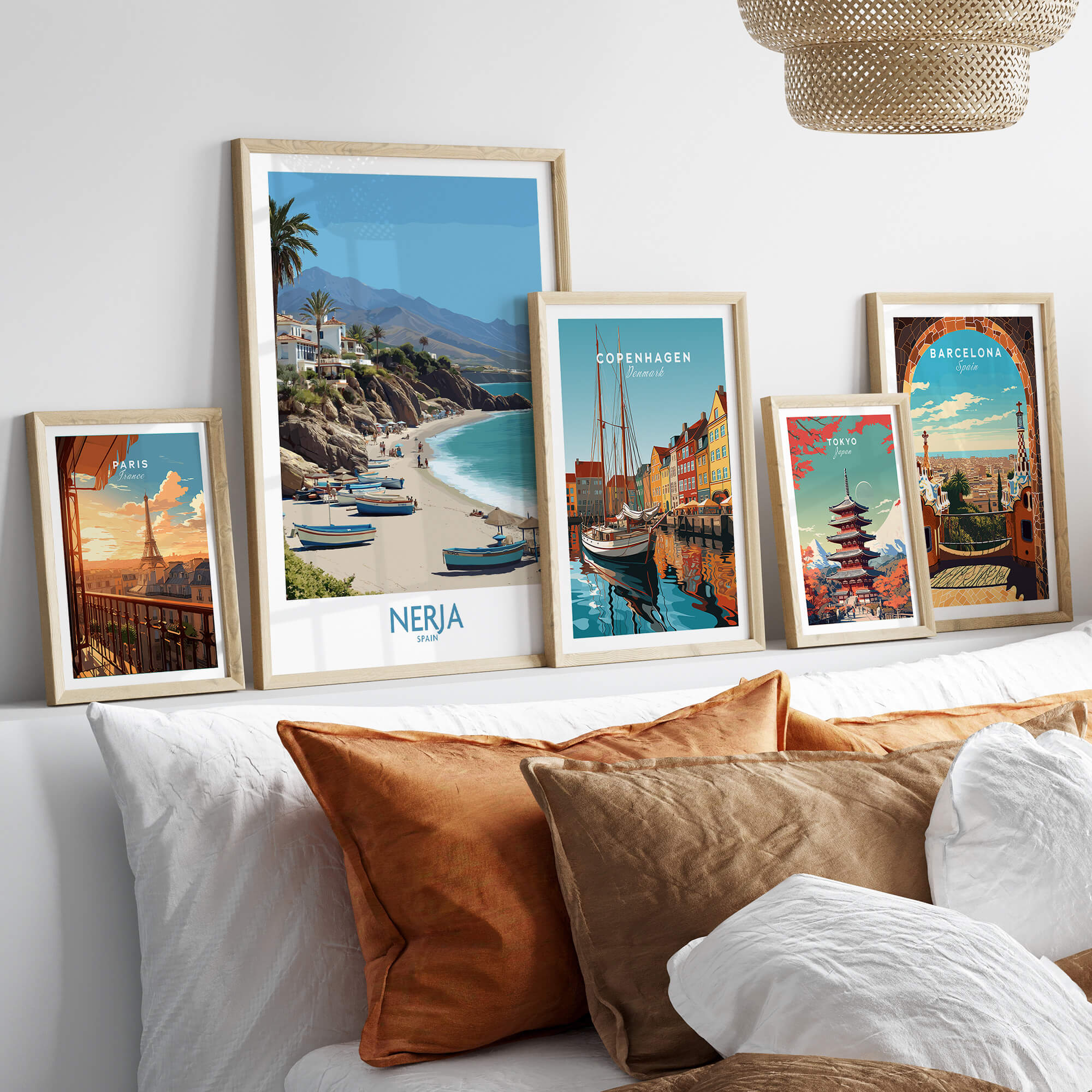 Nerja Spain Canvas Print | Spanish Seaside Poster displayed among other city prints, enhancing home decor.