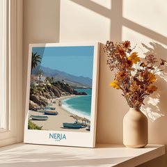 Nerja Spain Canvas Print | Spanish Seaside Poster featuring coastal landscape with boats and mountainous backdrop.